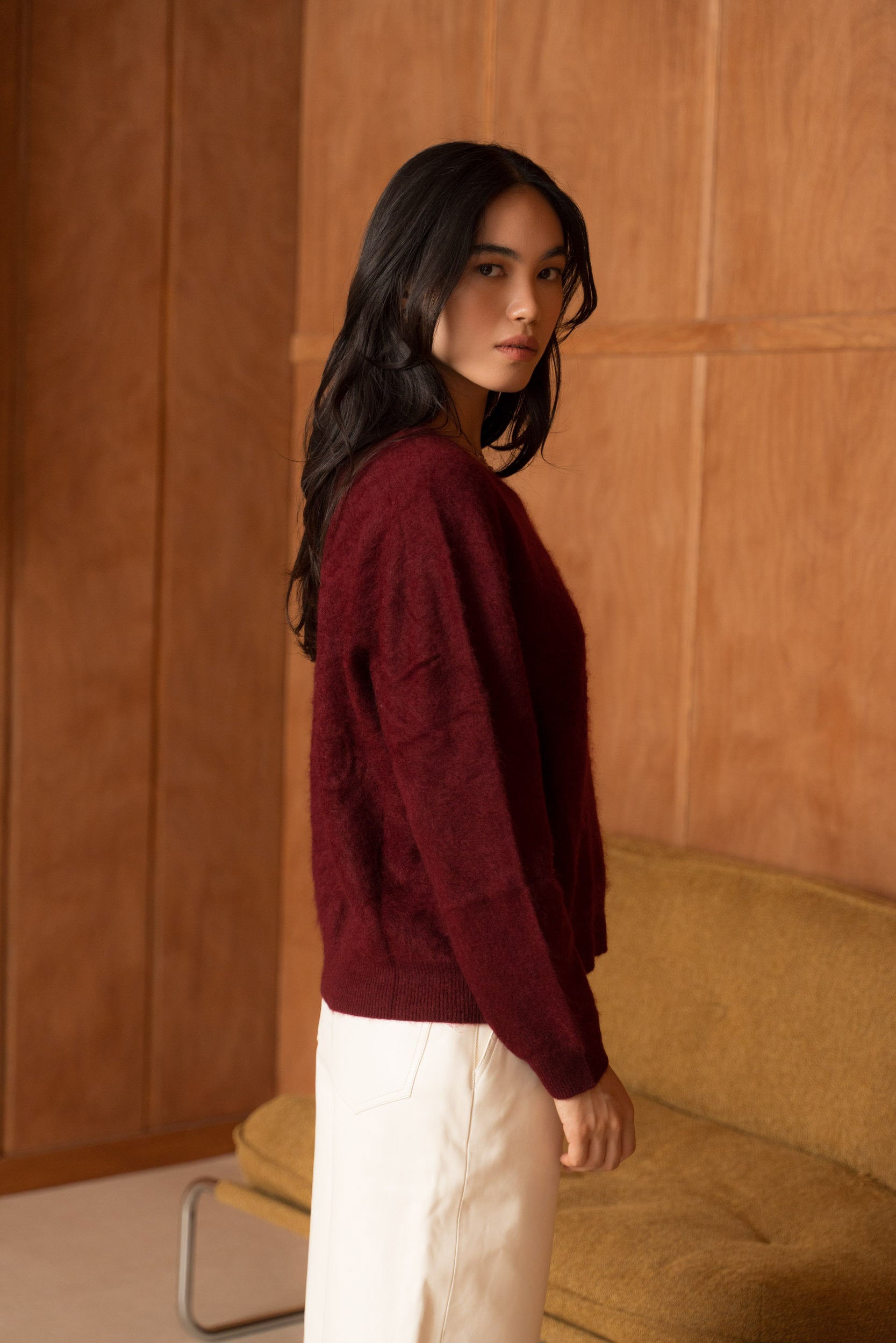 Pull laine & cachemire brossé col V