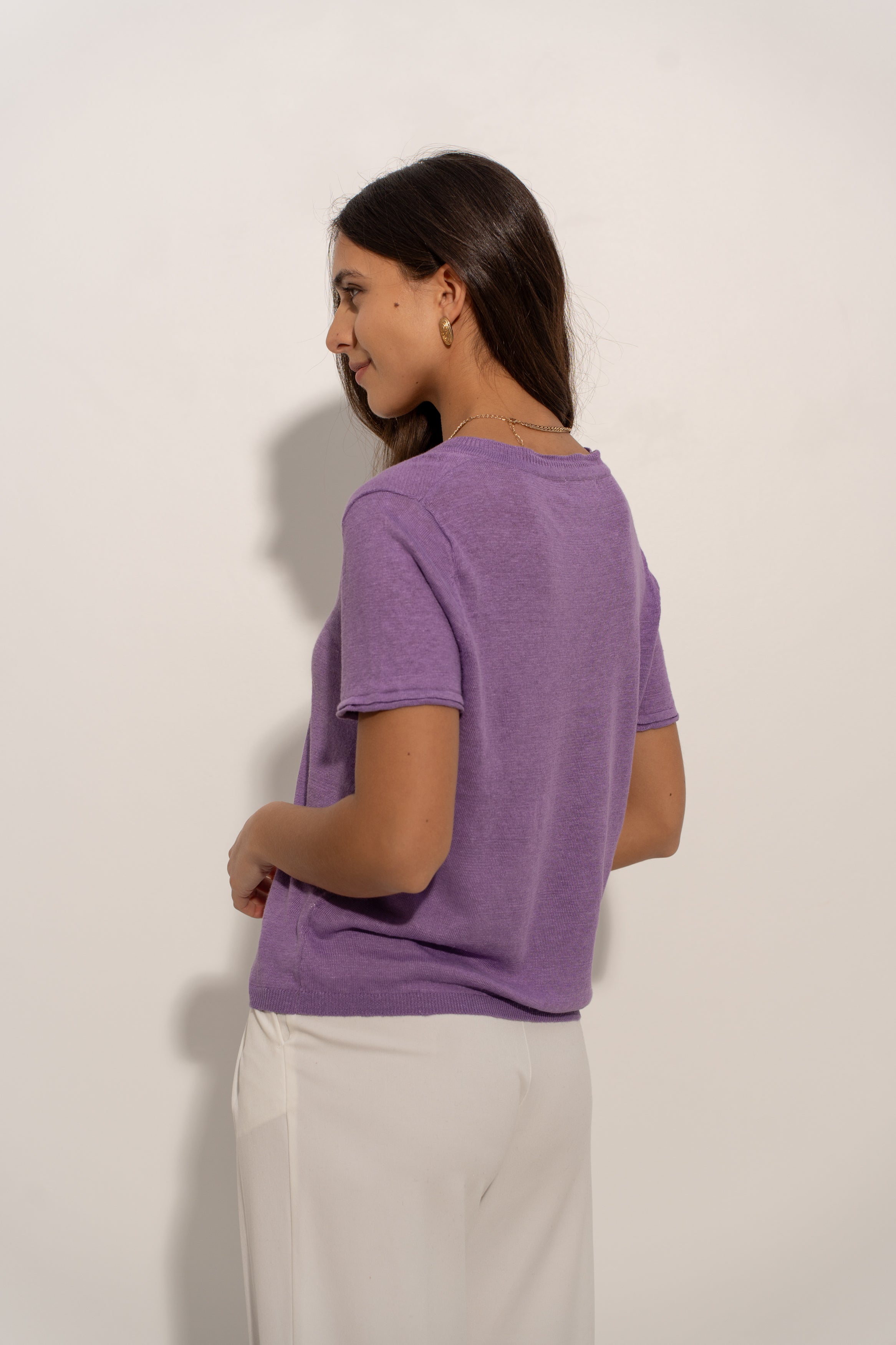 T-shirt col tunisien en lin tricoté