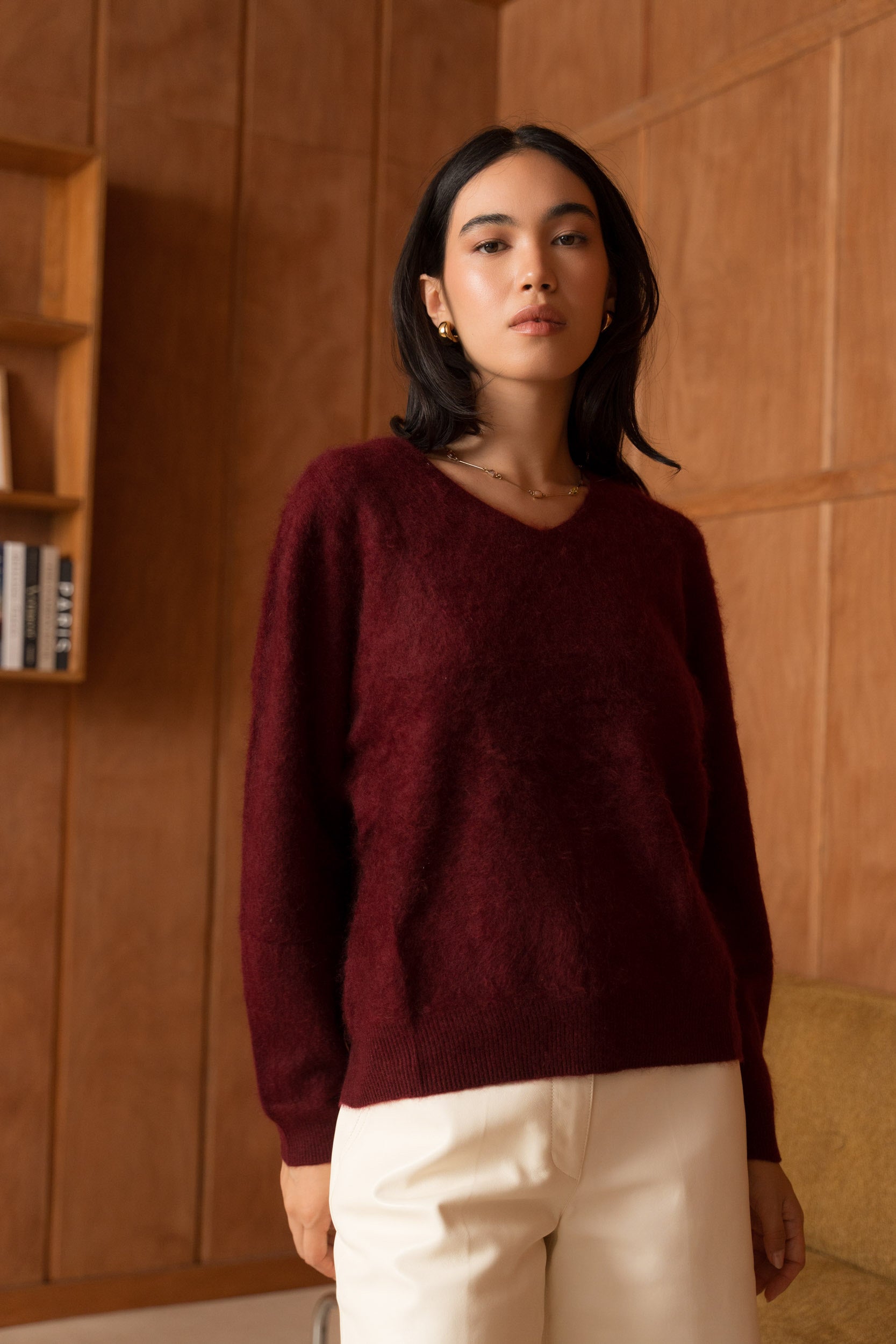 Pull laine & cachemire brossé col V