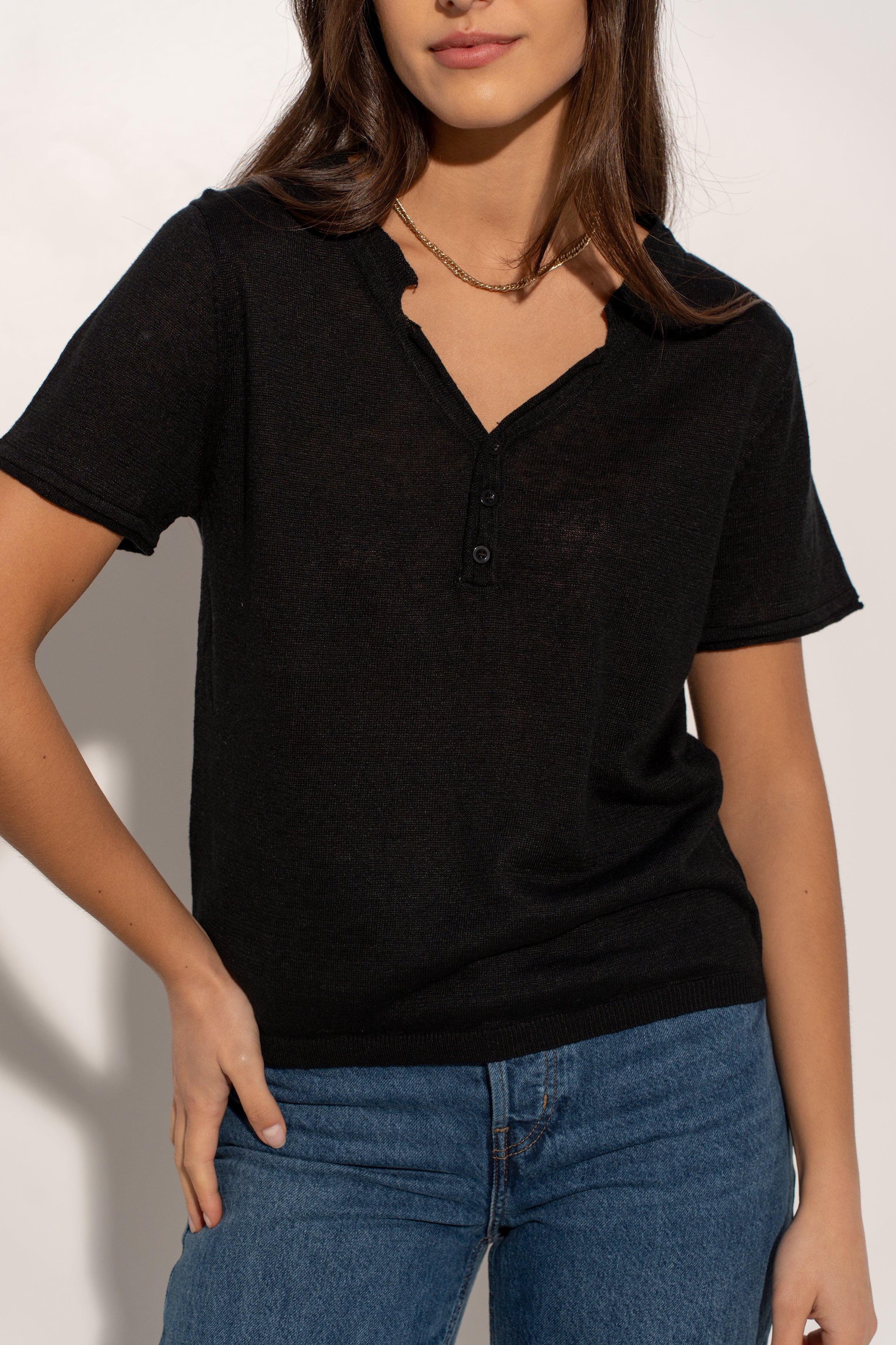 T-shirt col tunisien en lin tricoté