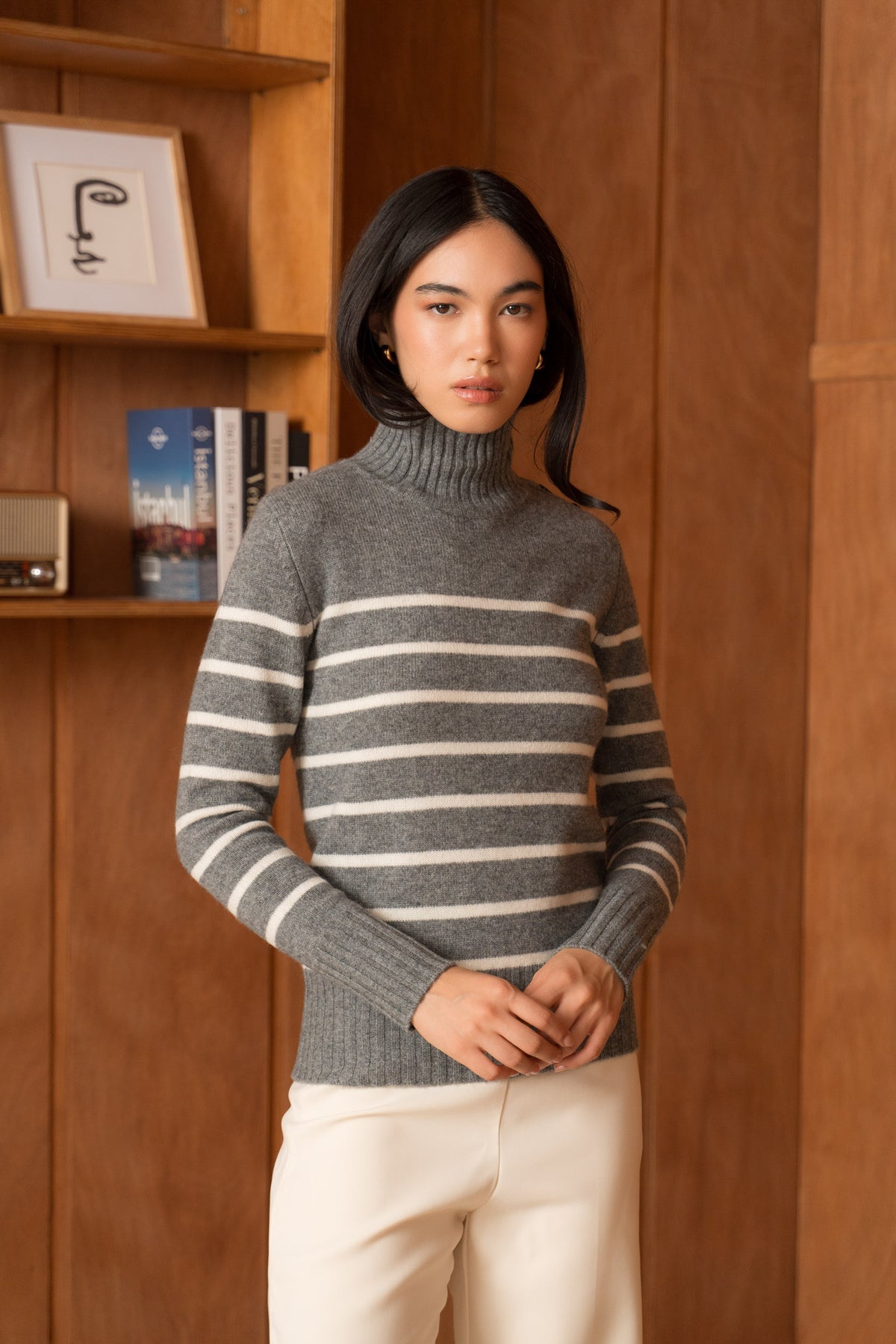Pull 100% cachemire 4 fils marinière col montant