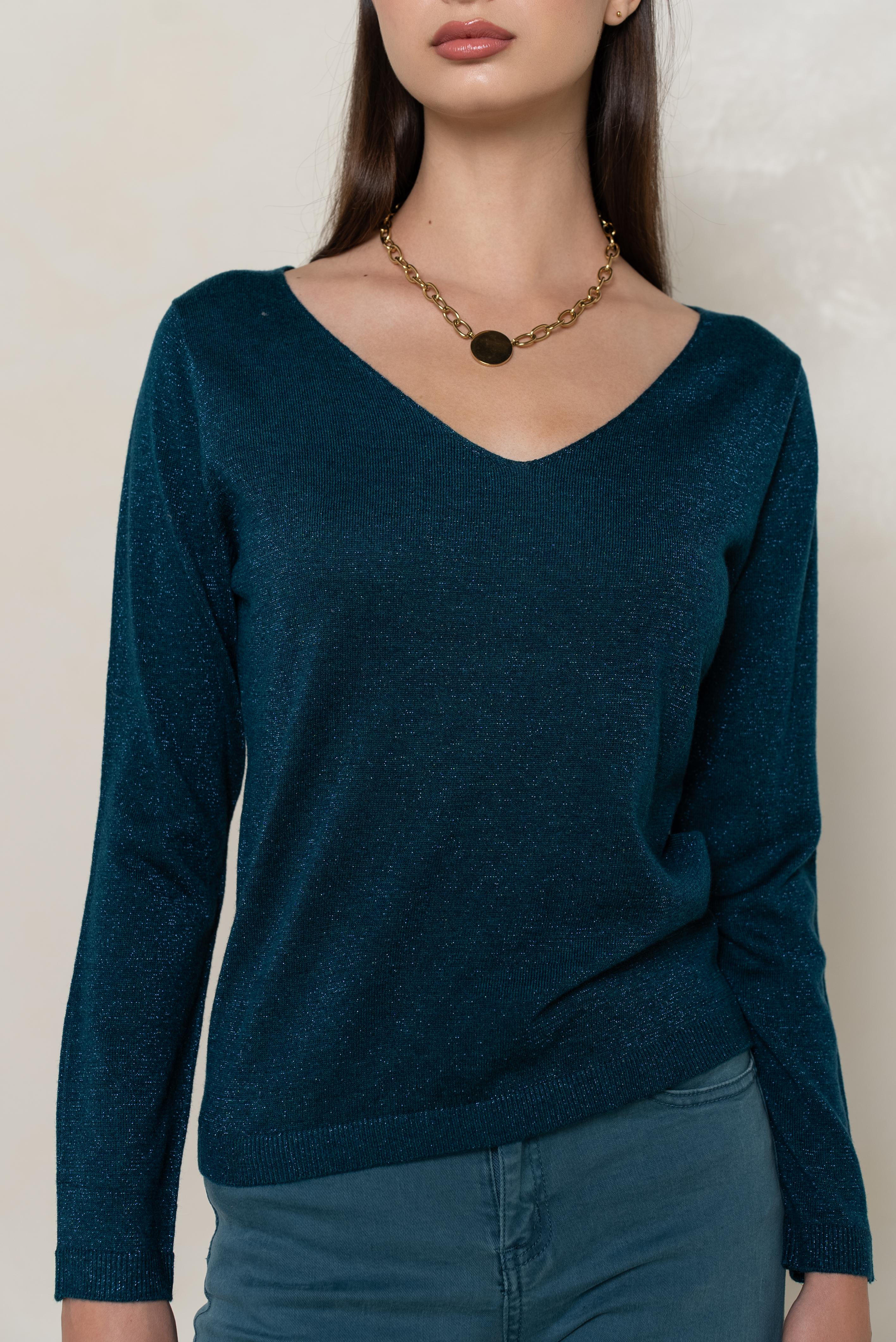 Pull col v lurex manches longues