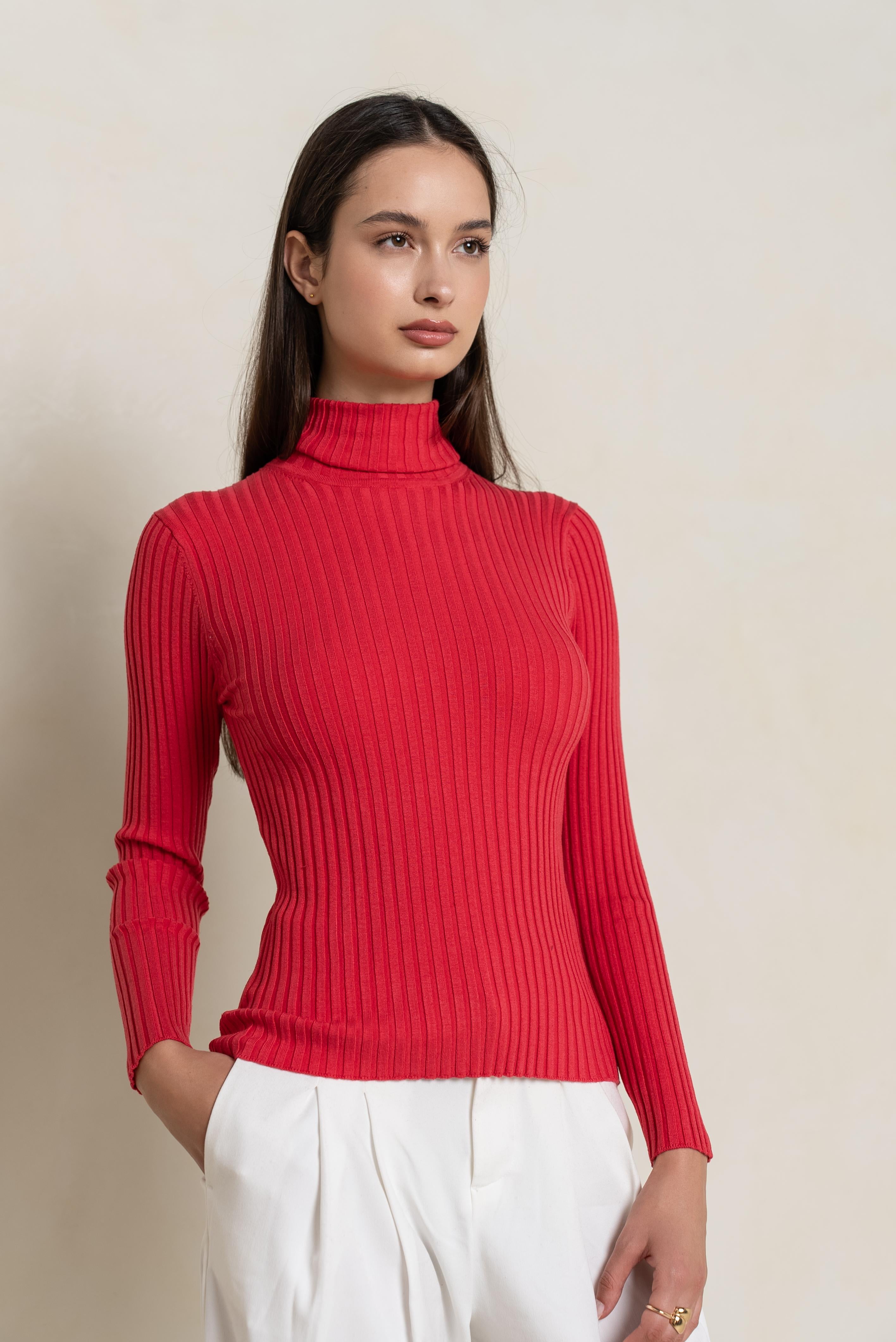 Pull col roulé côtelé en soie stretch