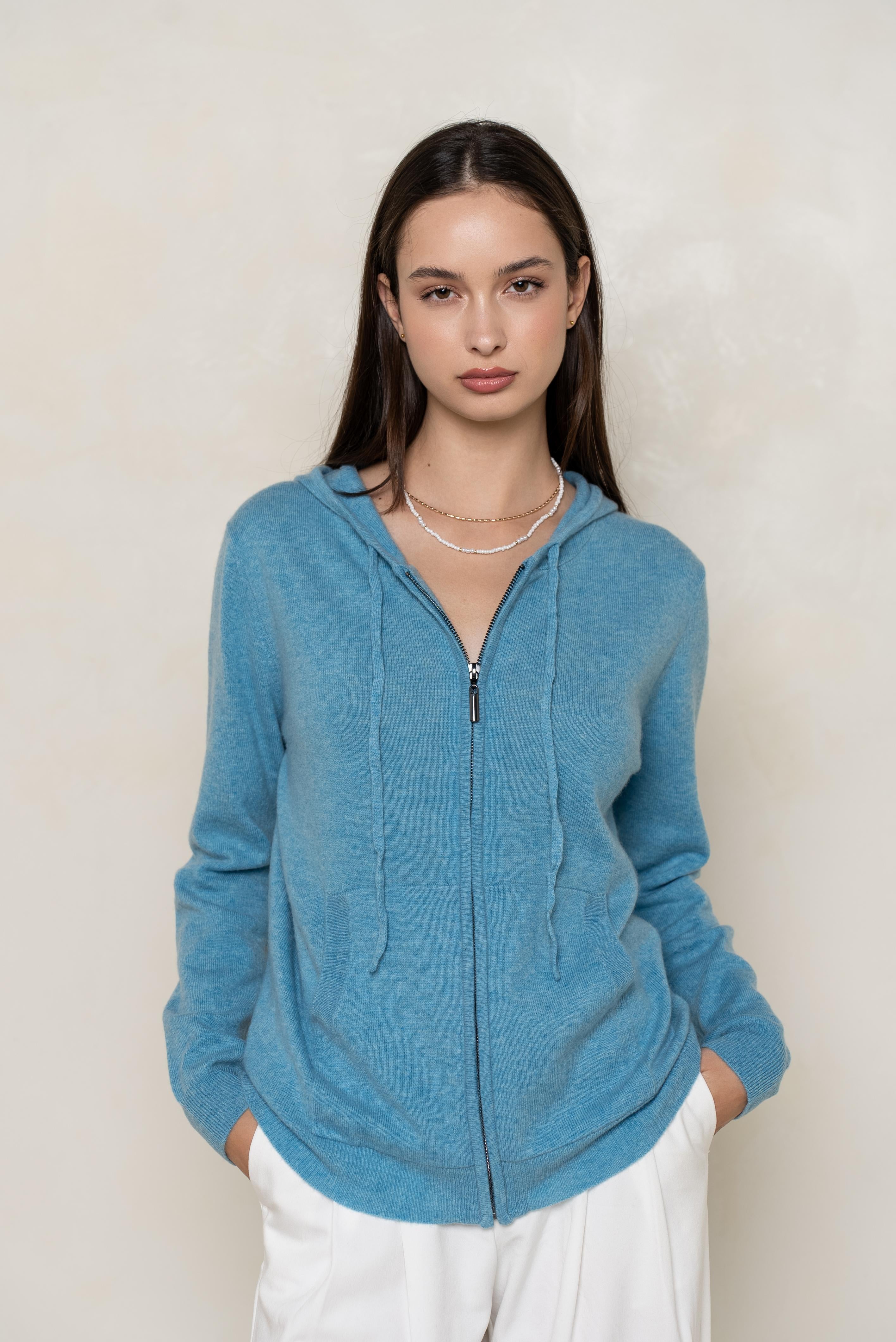 Gilet zippé à capuche en cachemire