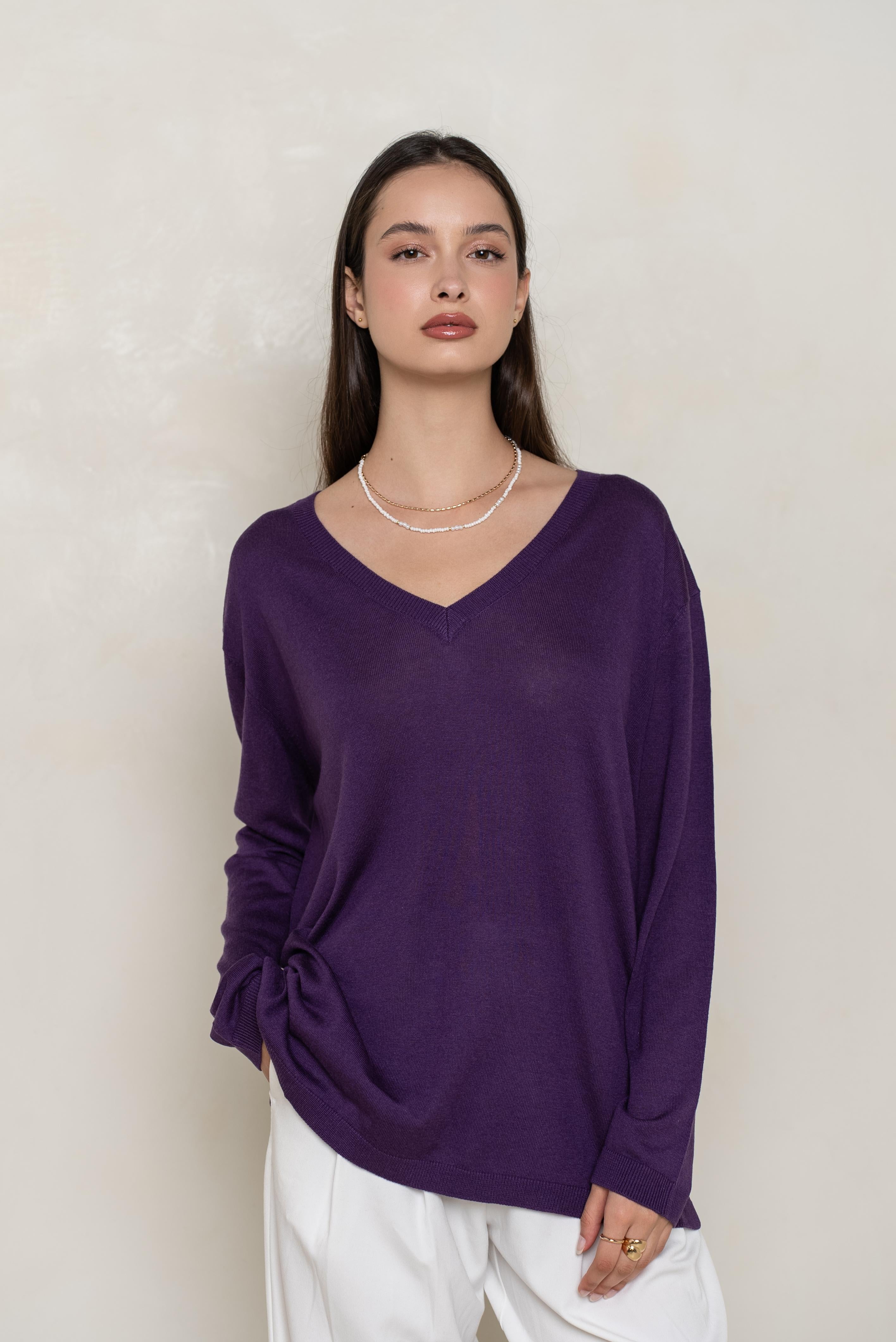 Pull V oversize en soie et cachemire