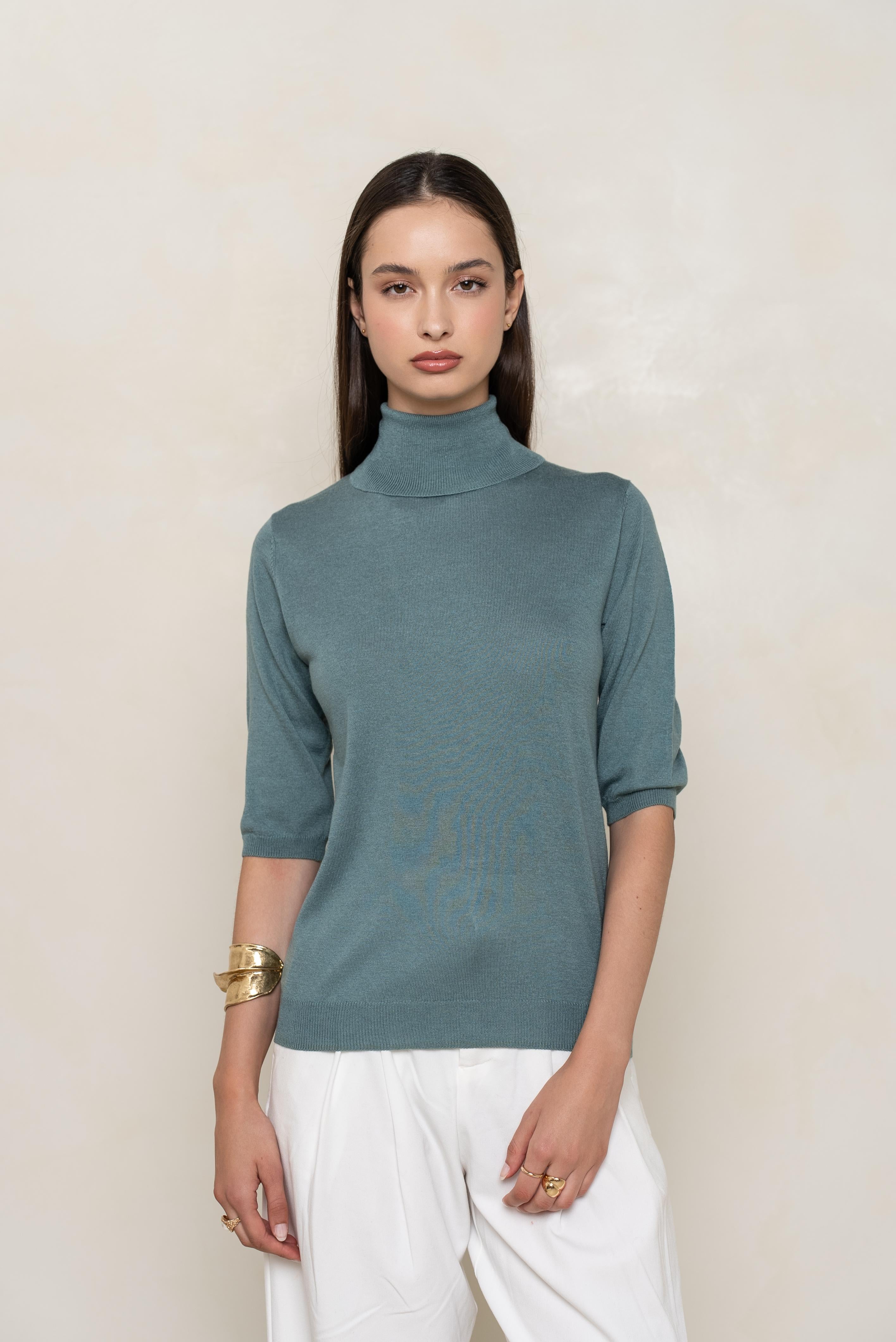 Pull col roulé manches aux coudes en soie et cachemire