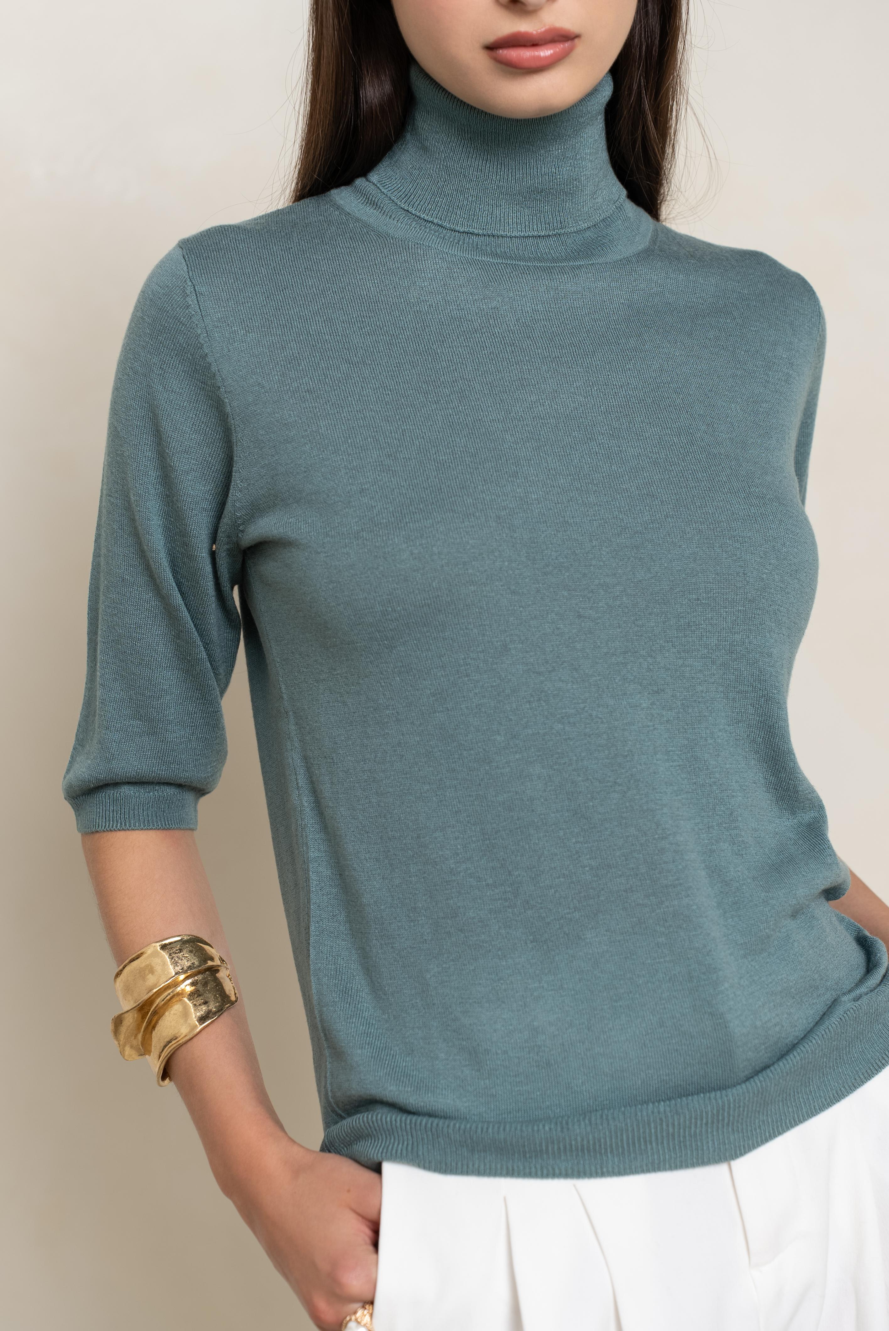 Pull col roulé manches aux coudes en soie et cachemire