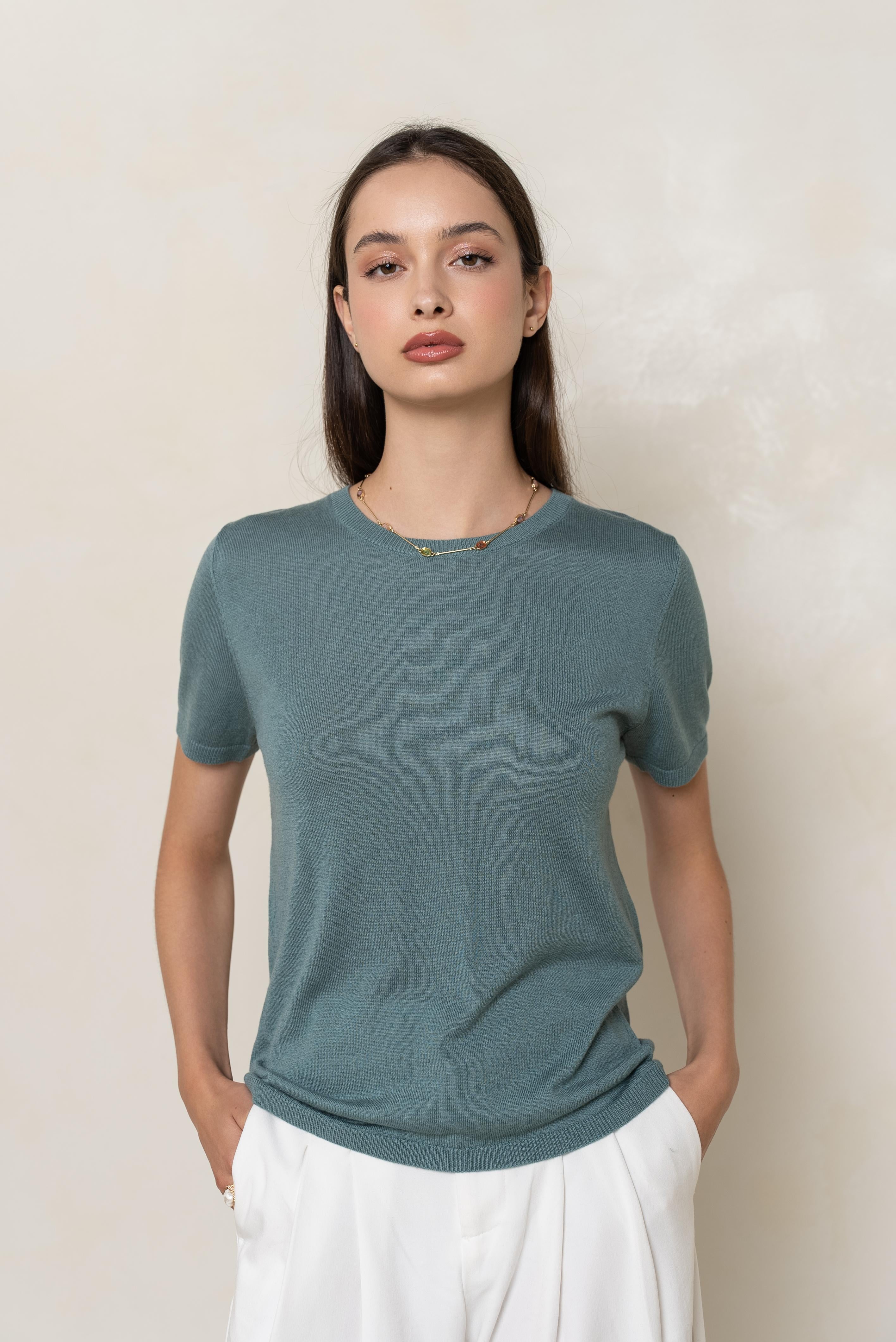 Pull col rond manches courtes en soie et cachemire