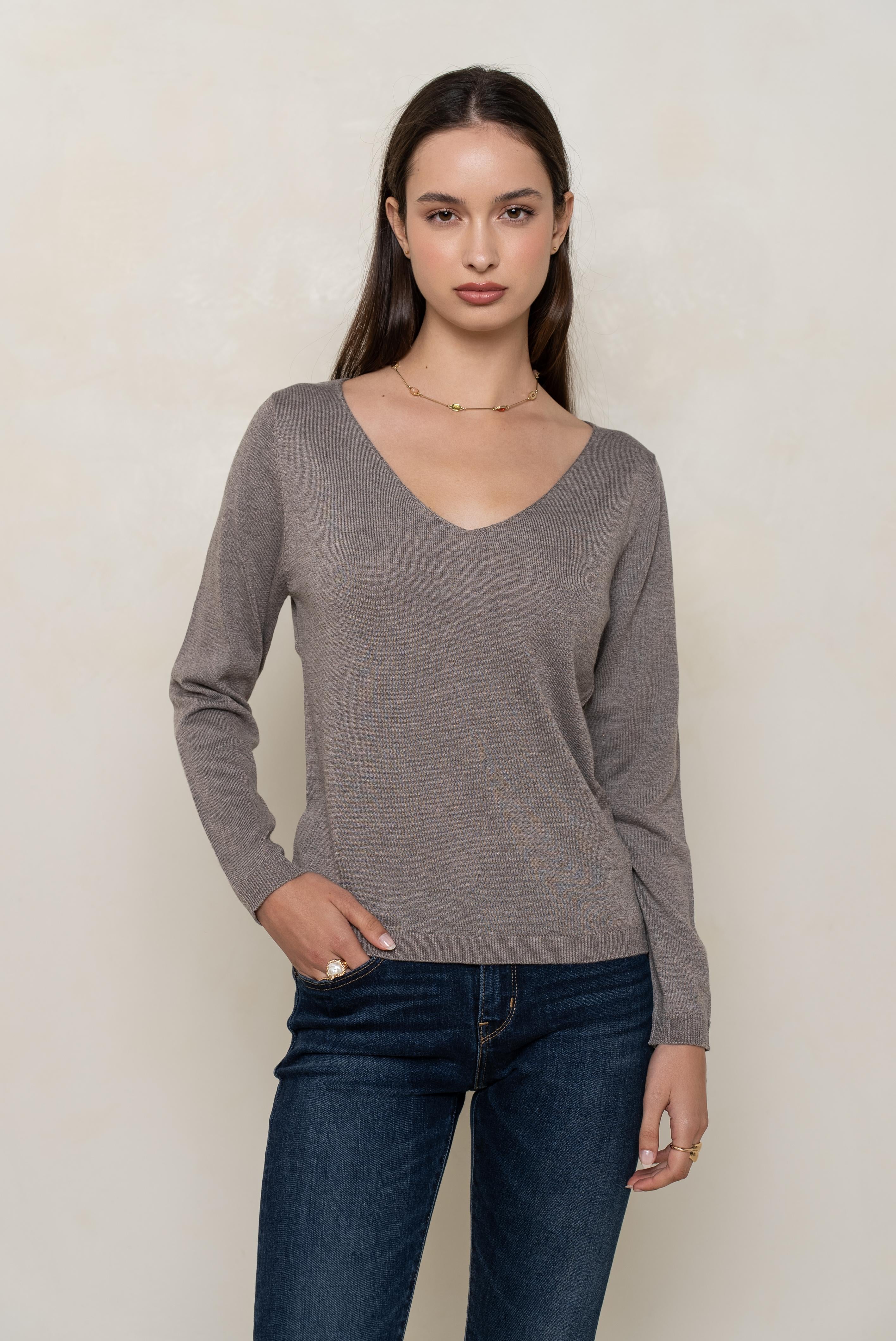 Pull col v lurex manches longues