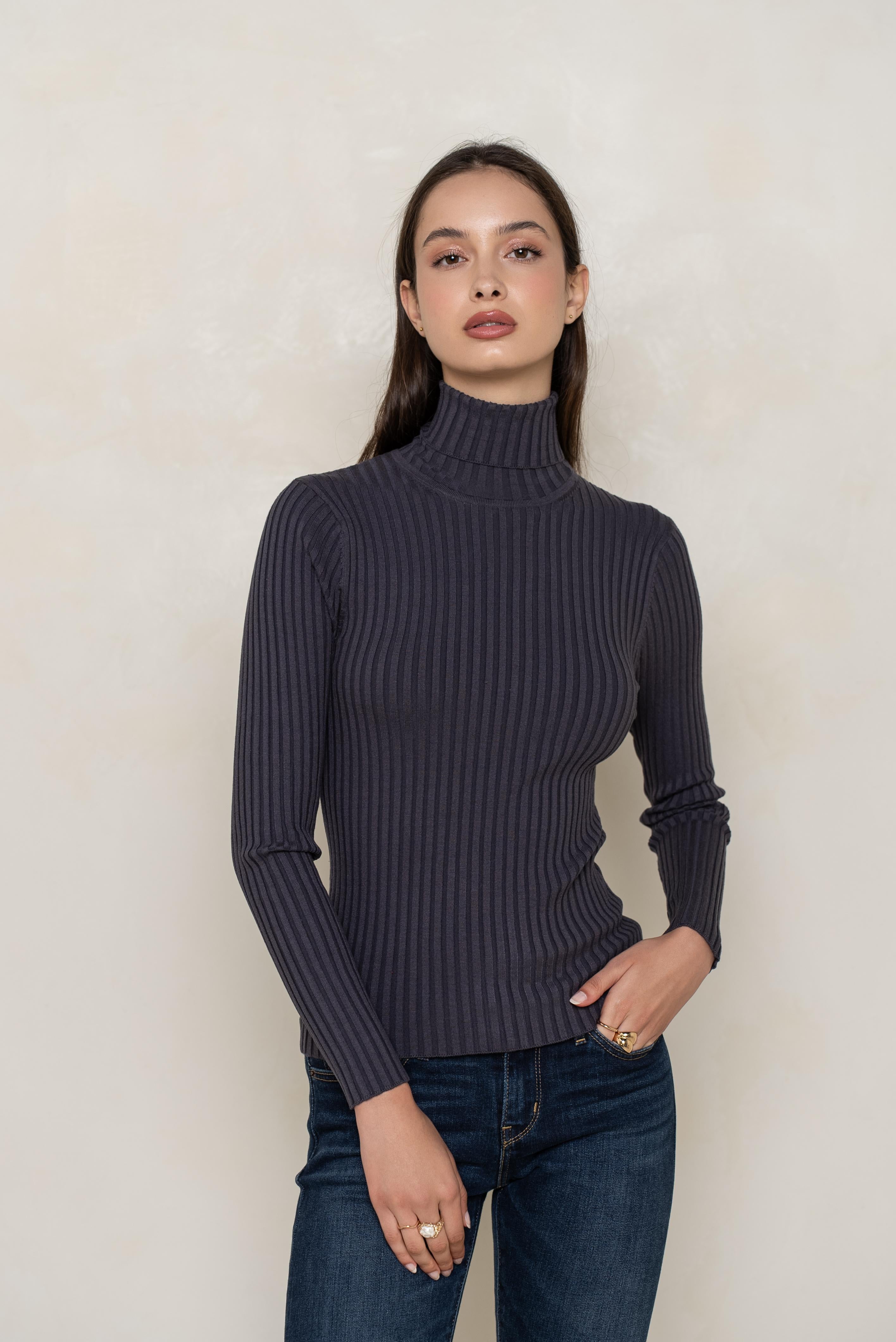 Pull col roulé côtelé en soie stretch