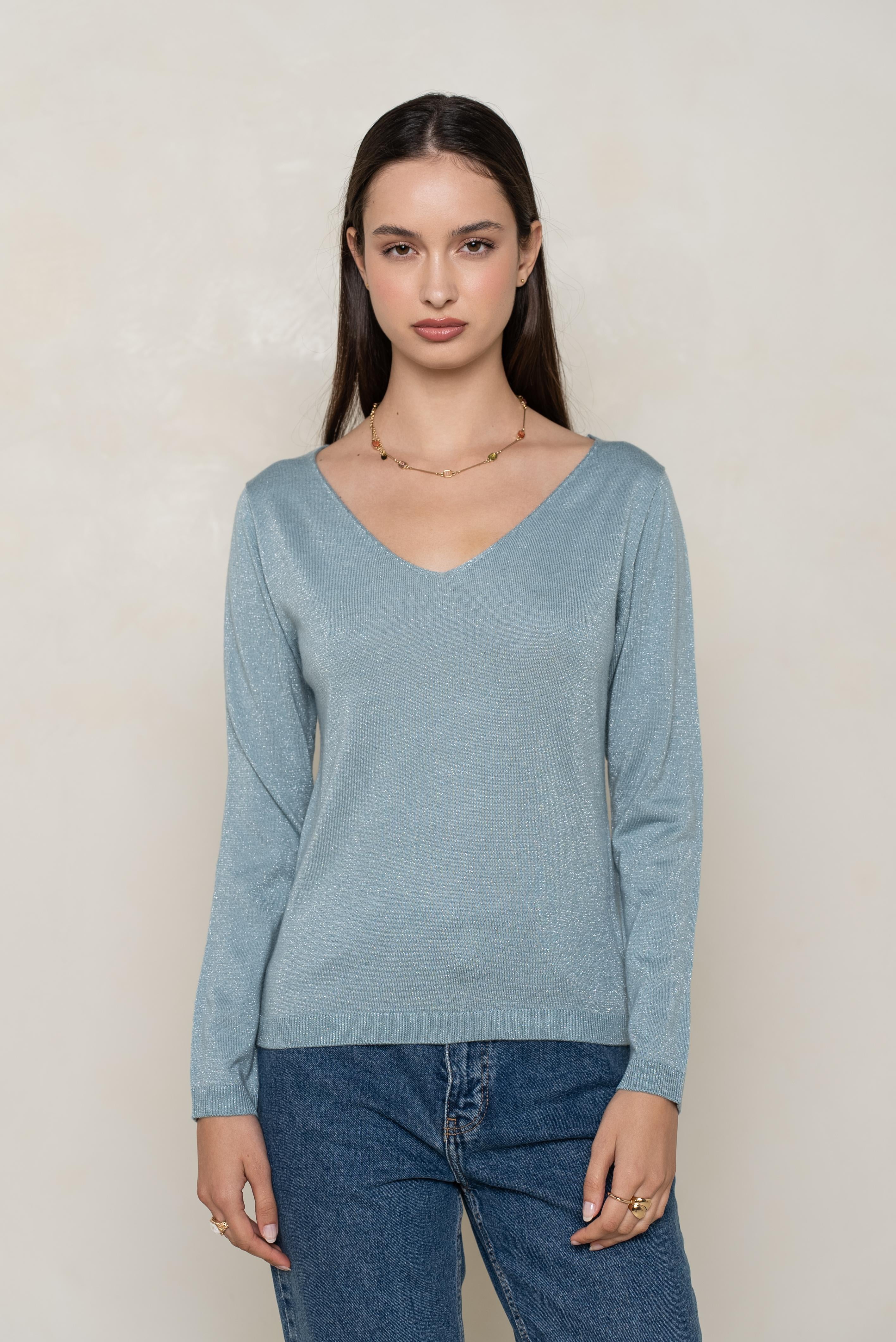 Pull col v lurex manches longues