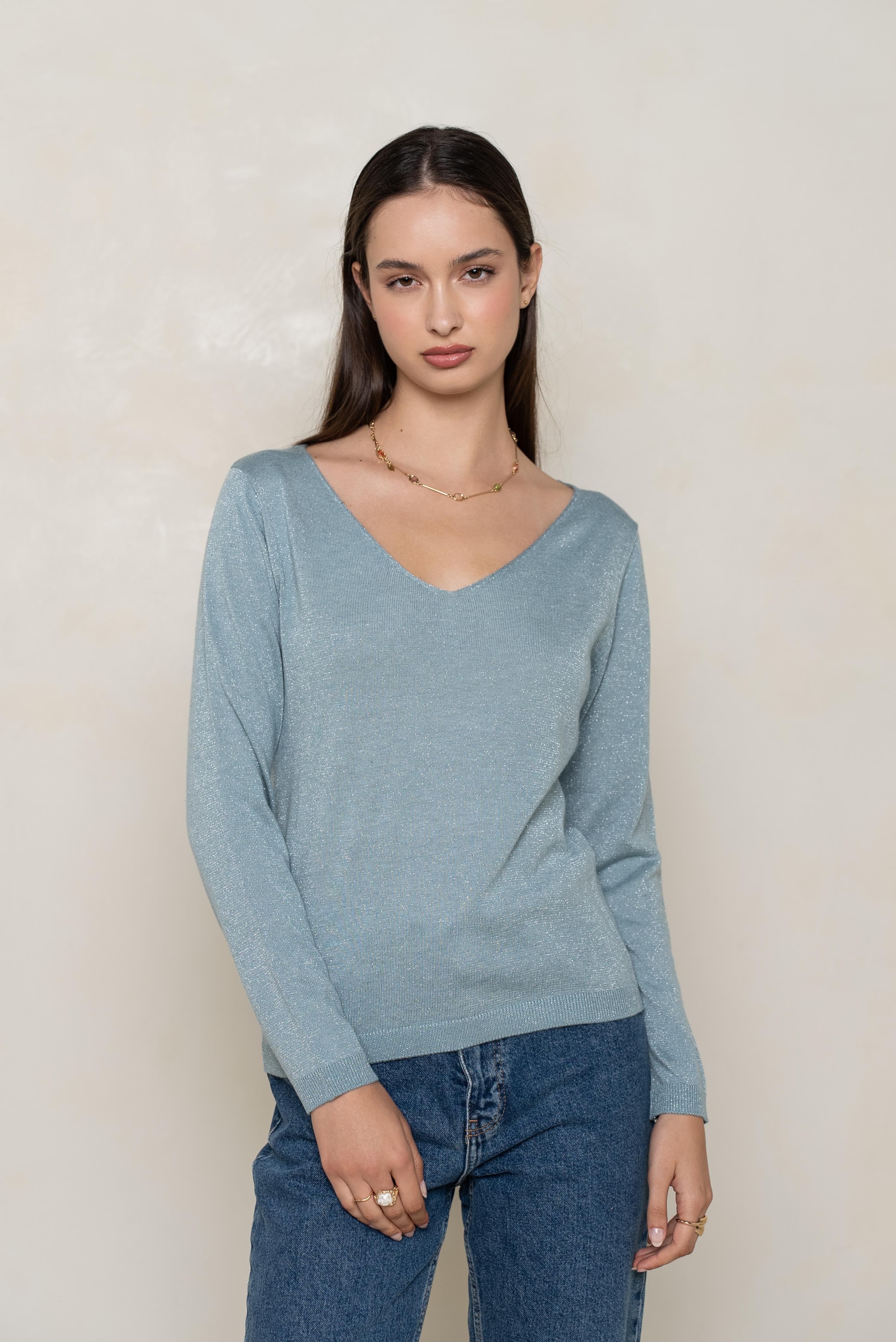 Pull col v lurex manches longues