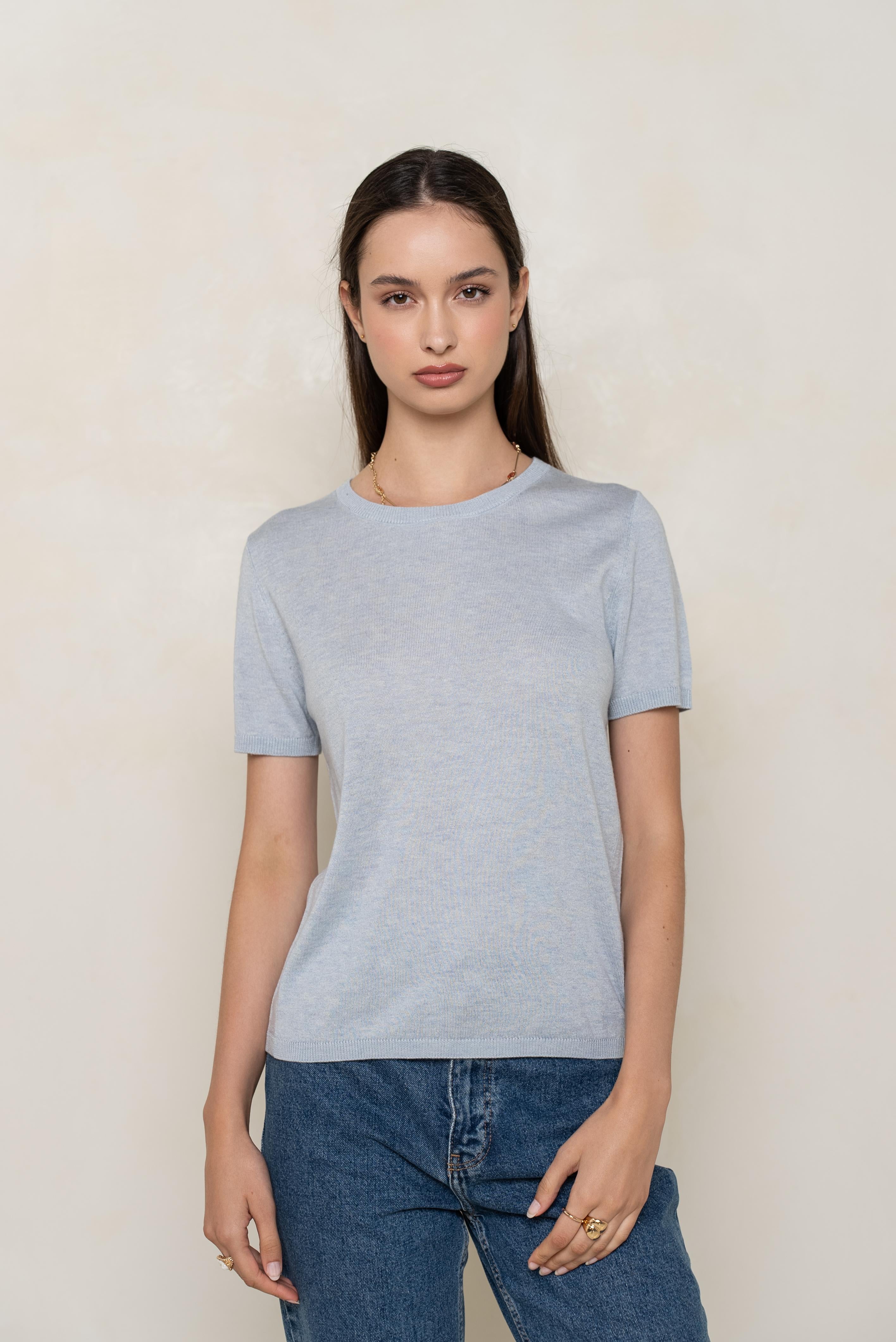 Pull col rond manches courtes en soie et cachemire