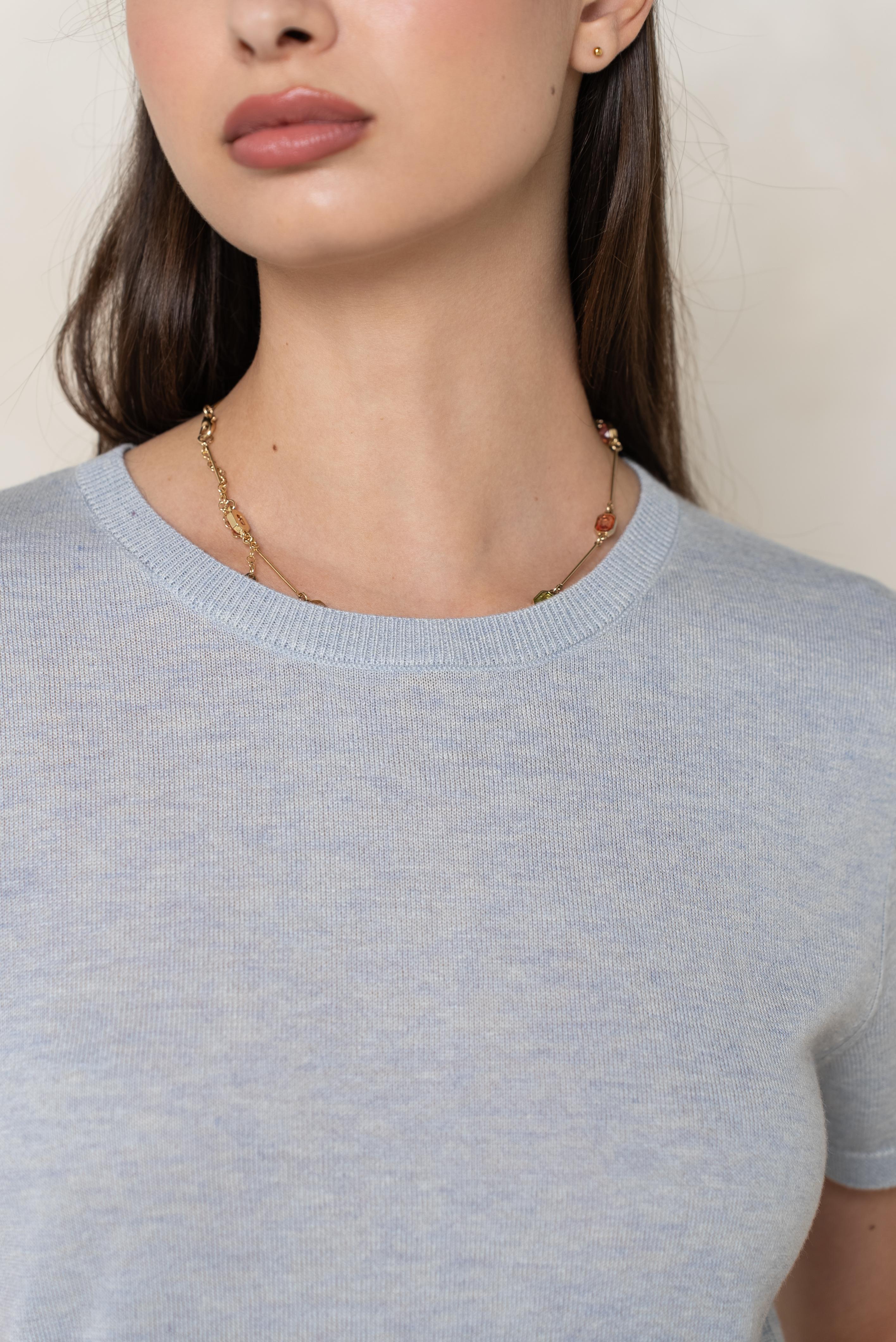 Pull col rond manches courtes en soie et cachemire