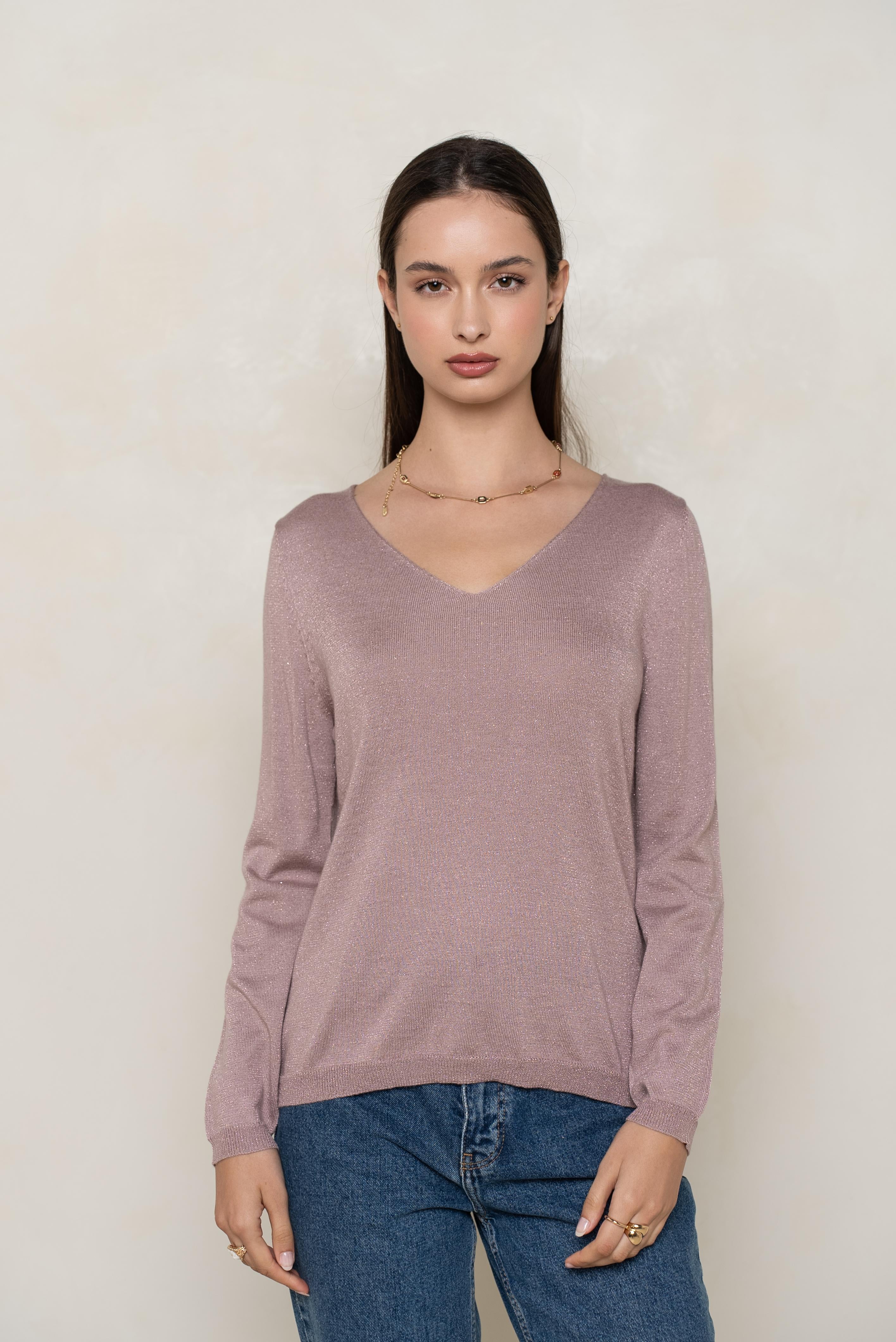 Pull col v lurex manches longues