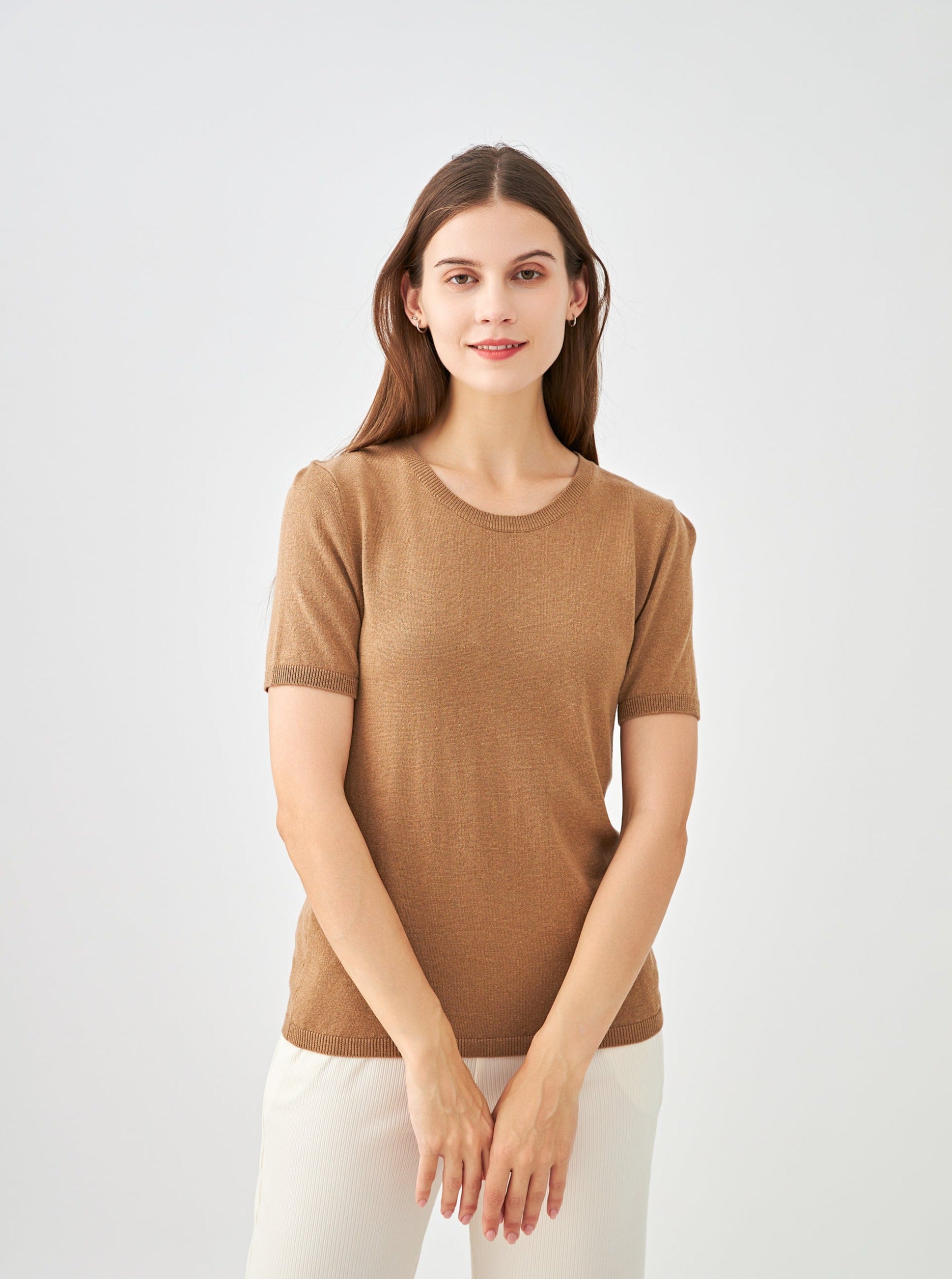 Pull col rond manches courtes en soie et cachemire