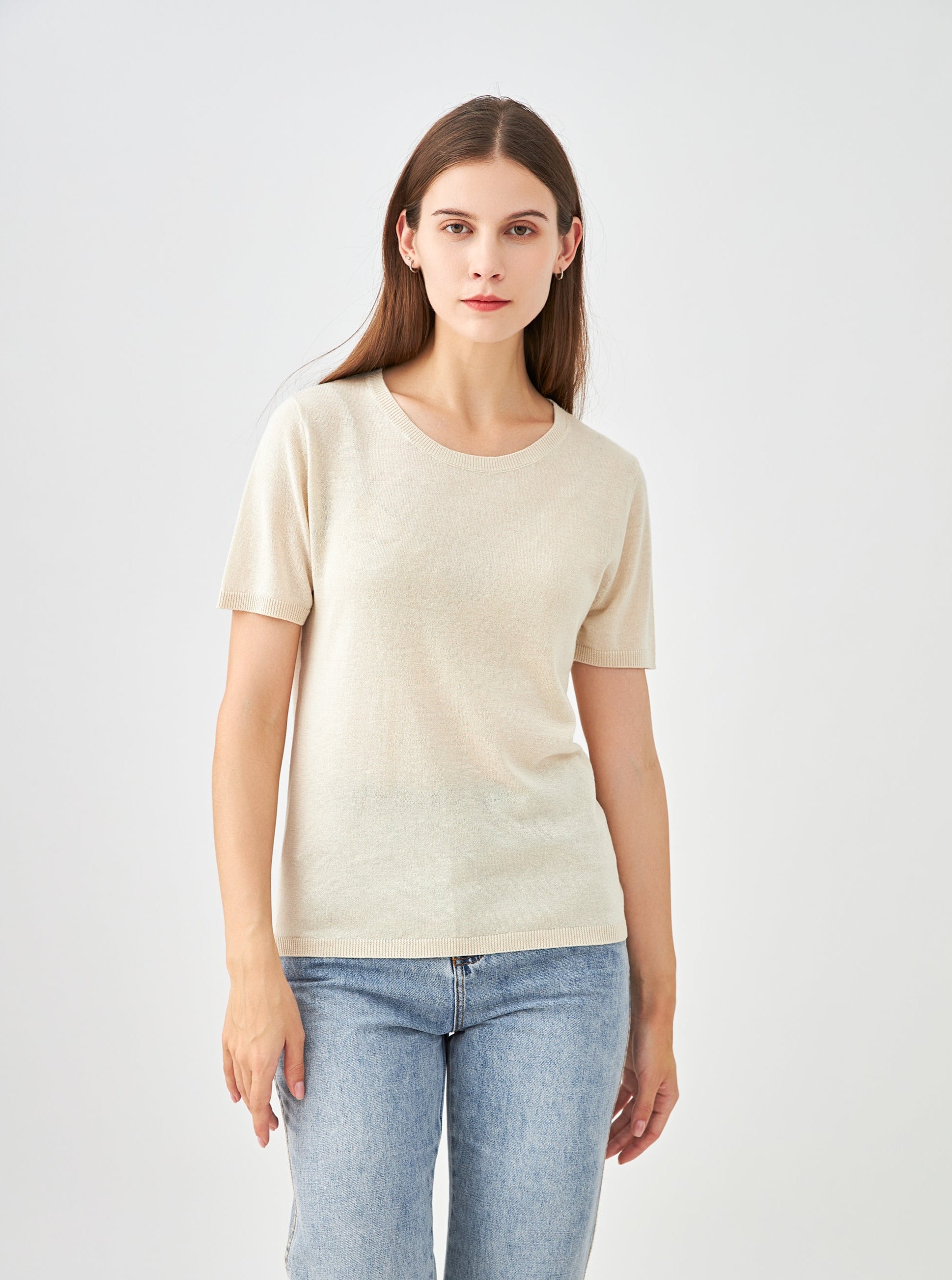 Pull col rond manches courtes en soie et cachemire