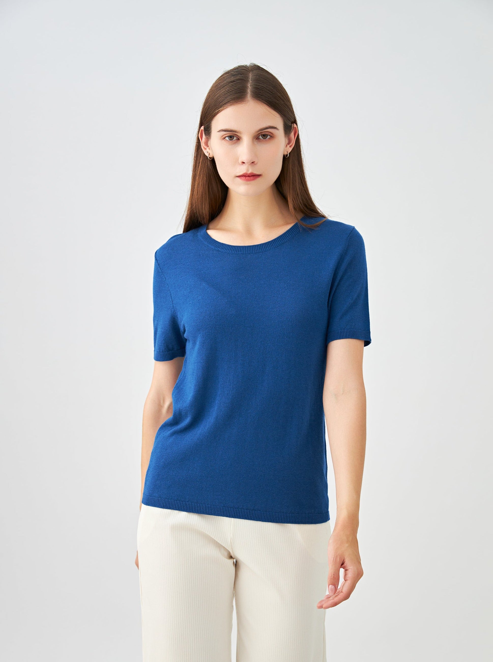 Pull col rond manches courtes en soie et cachemire