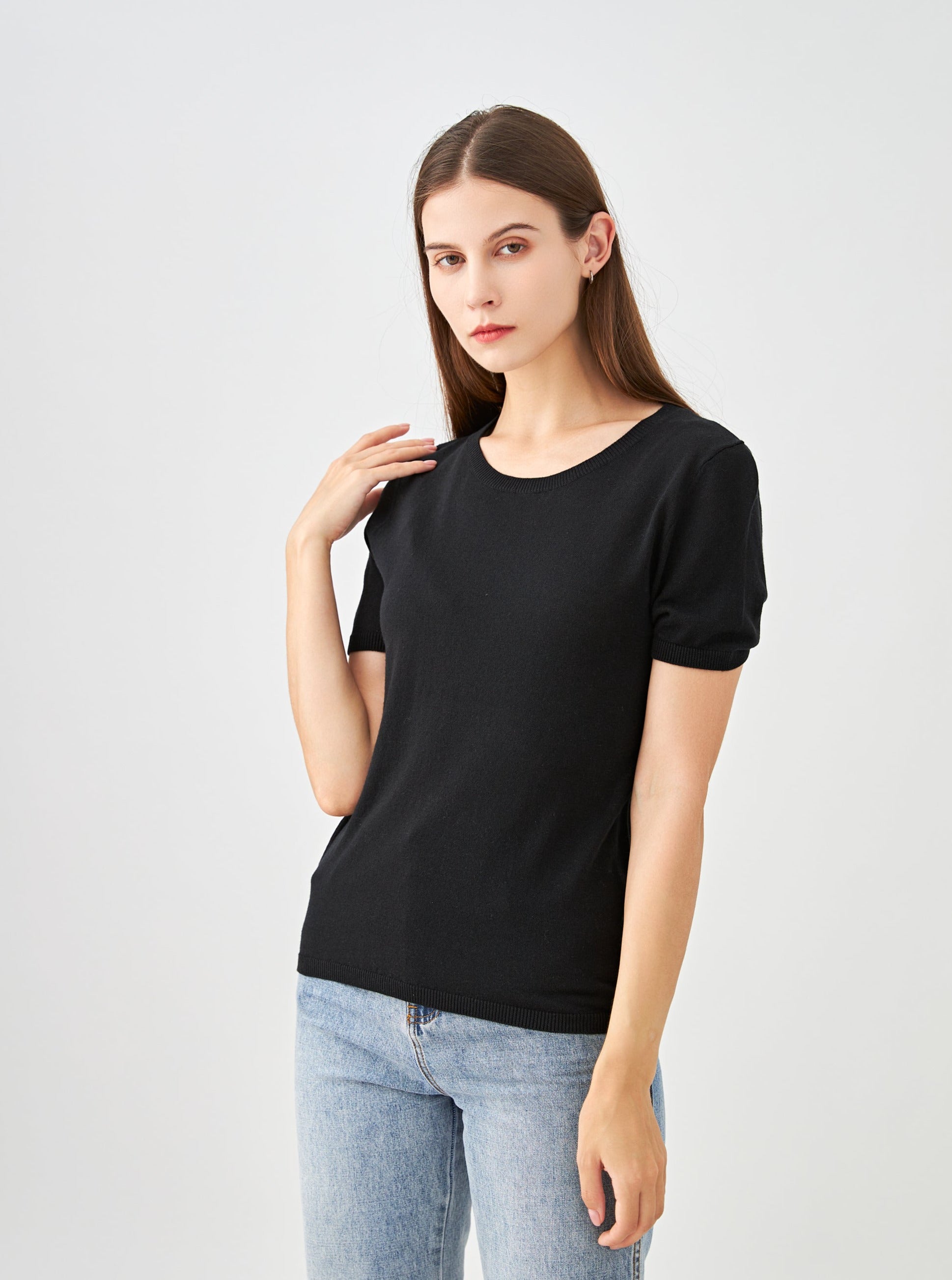 Pull col rond manches courtes en soie et cachemire