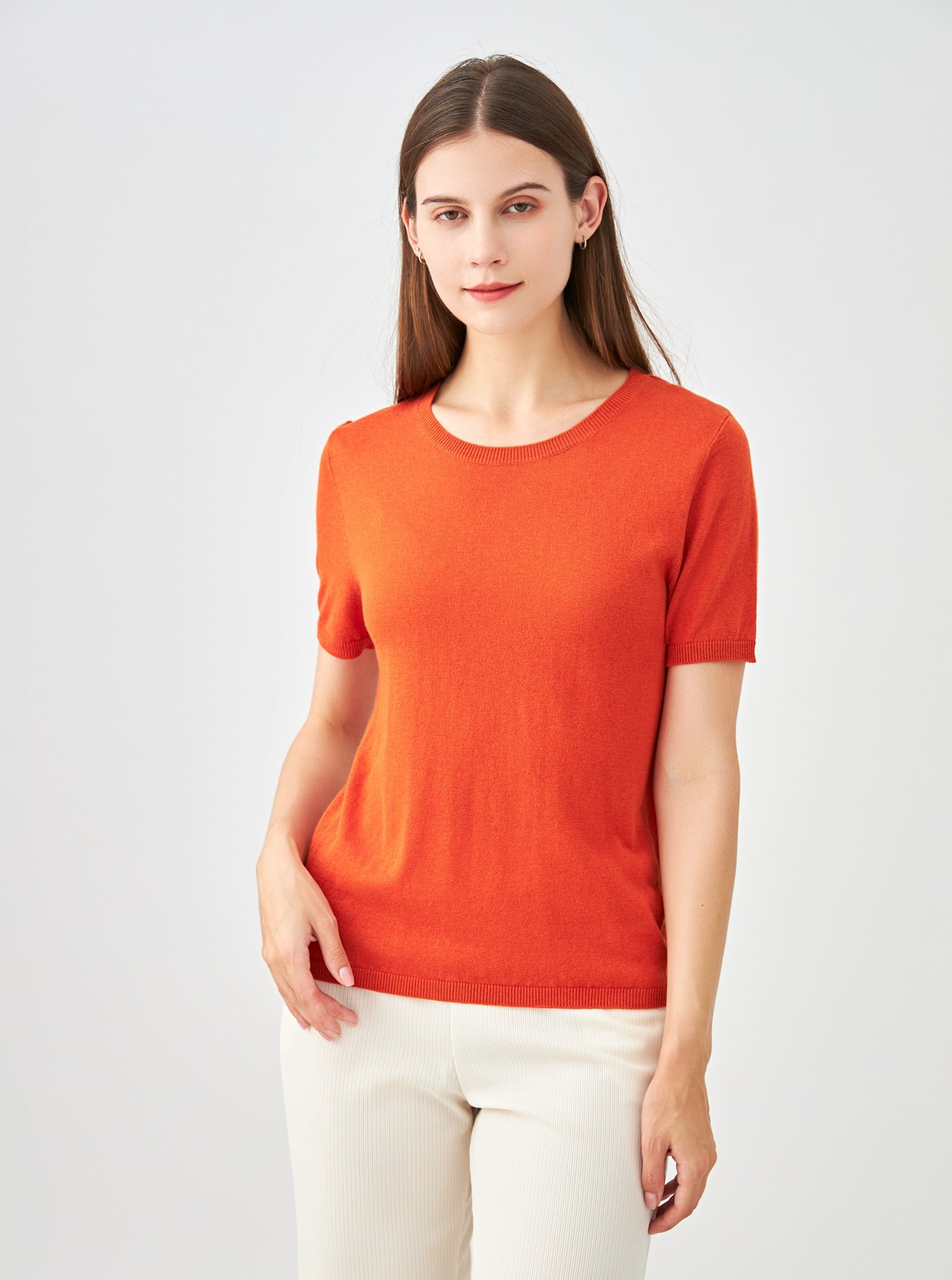 Pull col rond manches courtes en soie et cachemire