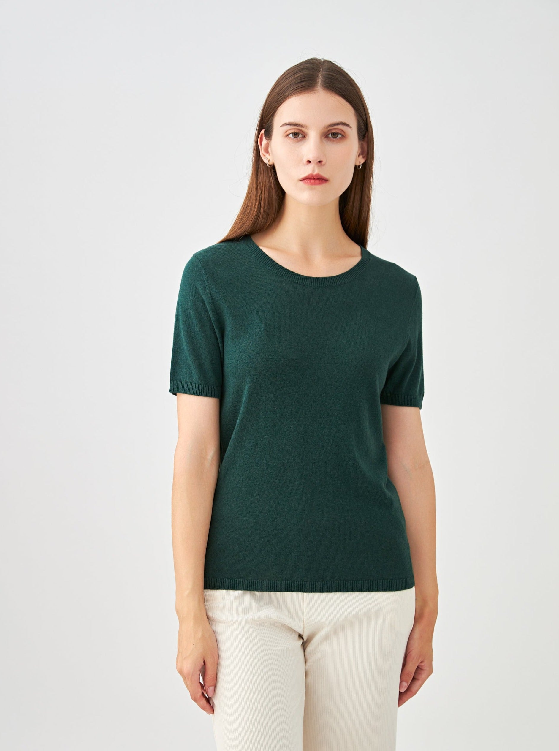 Pull col rond manches courtes en soie et cachemire