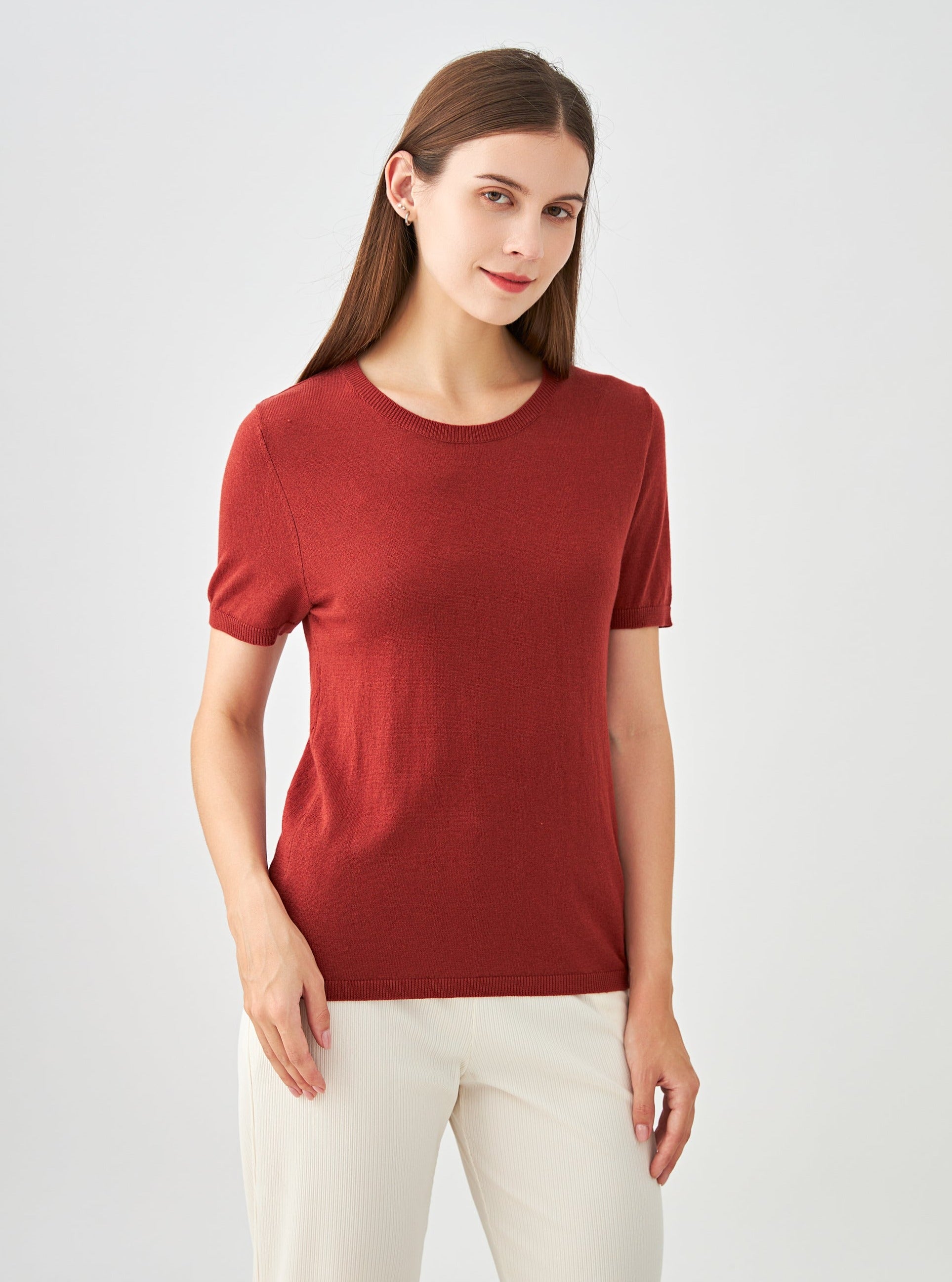 Pull col rond manches courtes en soie et cachemire