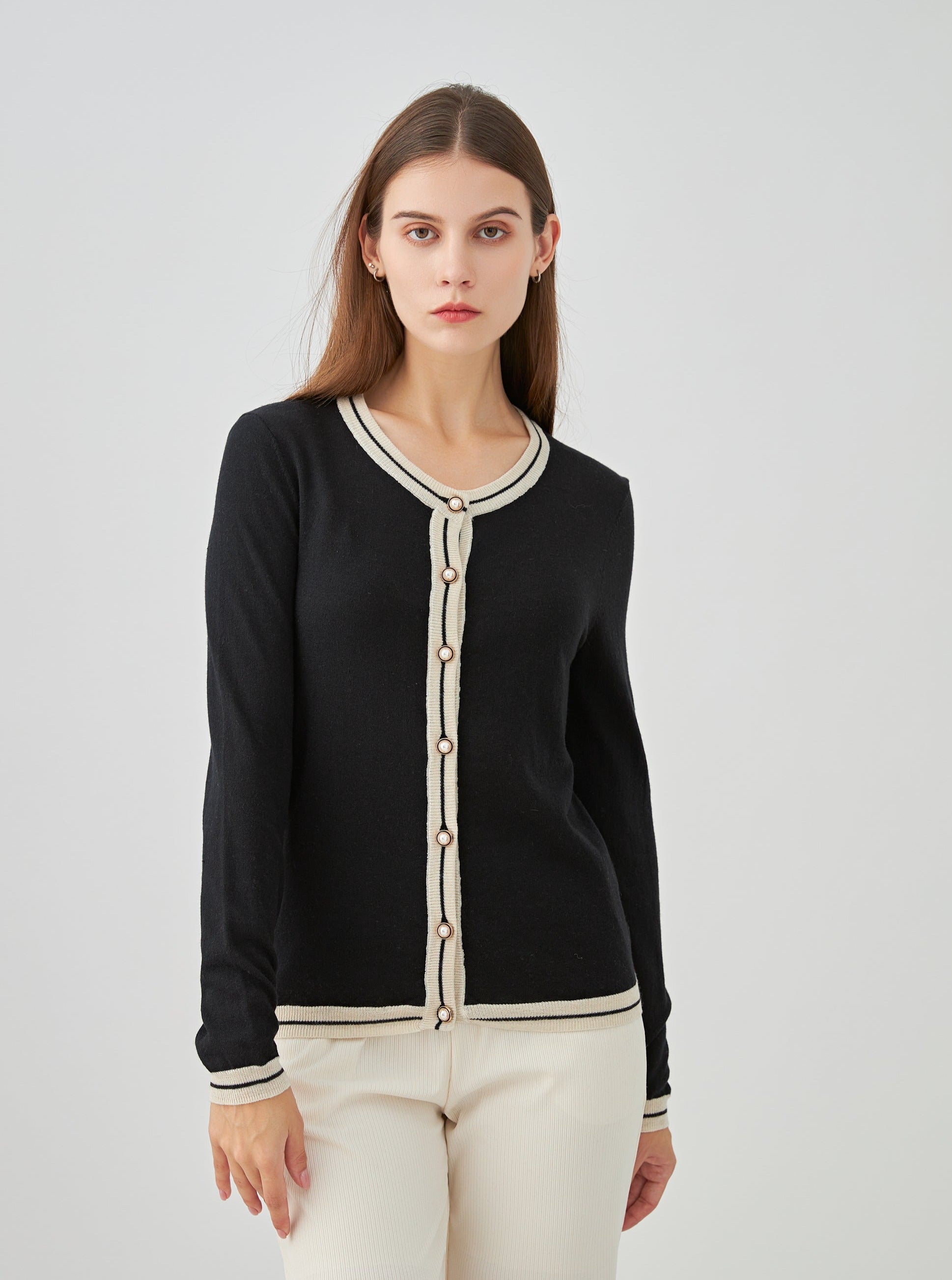 Cardigan bicolore boutons perles en soie et cachemire