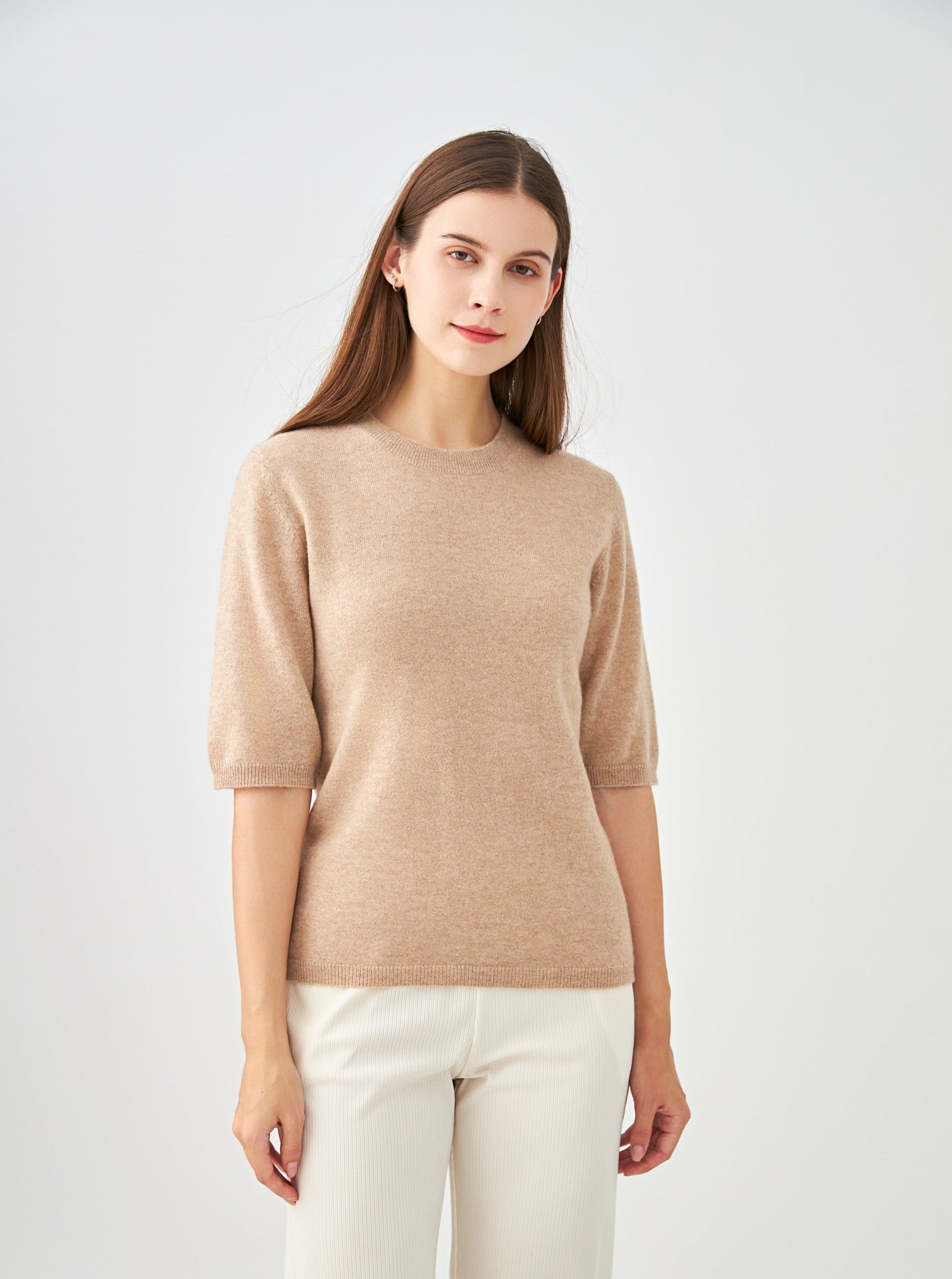 Pull col rond manches aux coudes en cachemire