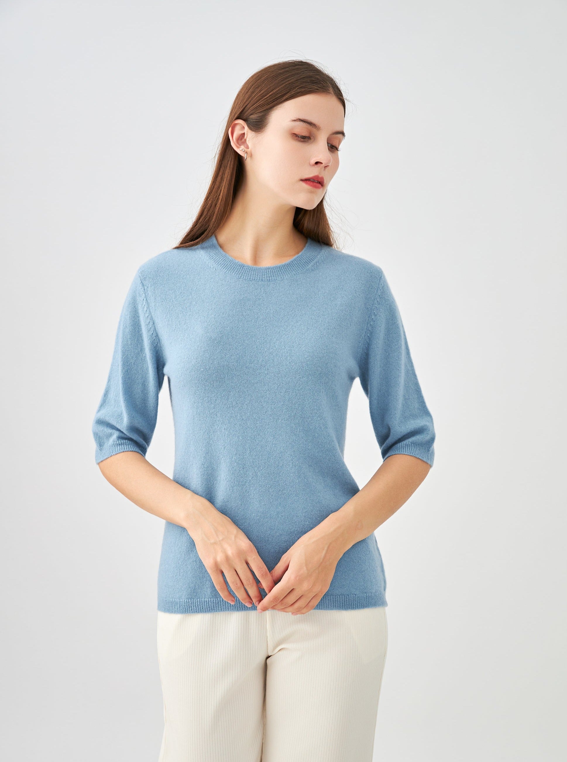 Pull col rond manches aux coudes en cachemire