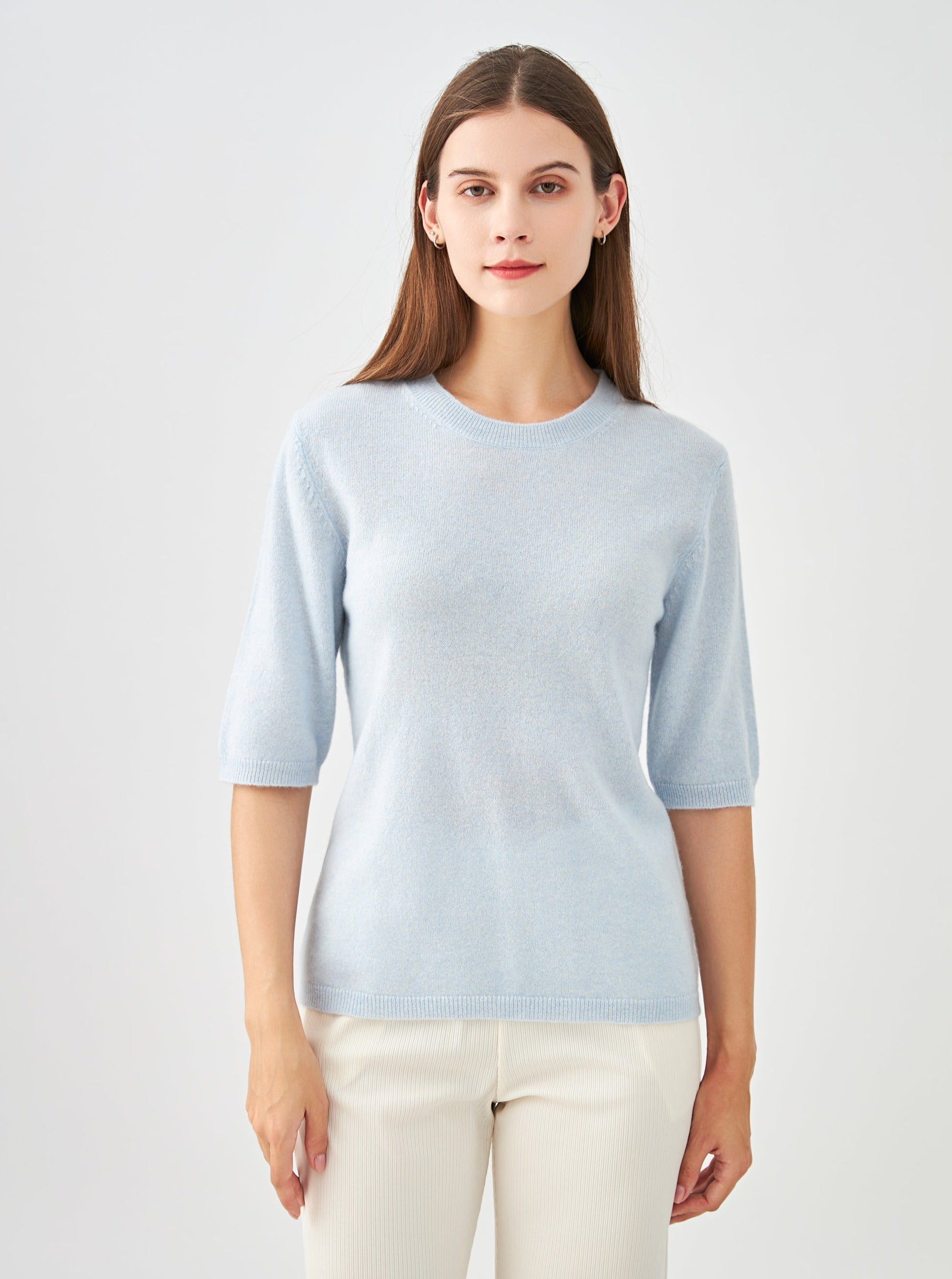 Pull col rond manches aux coudes en cachemire