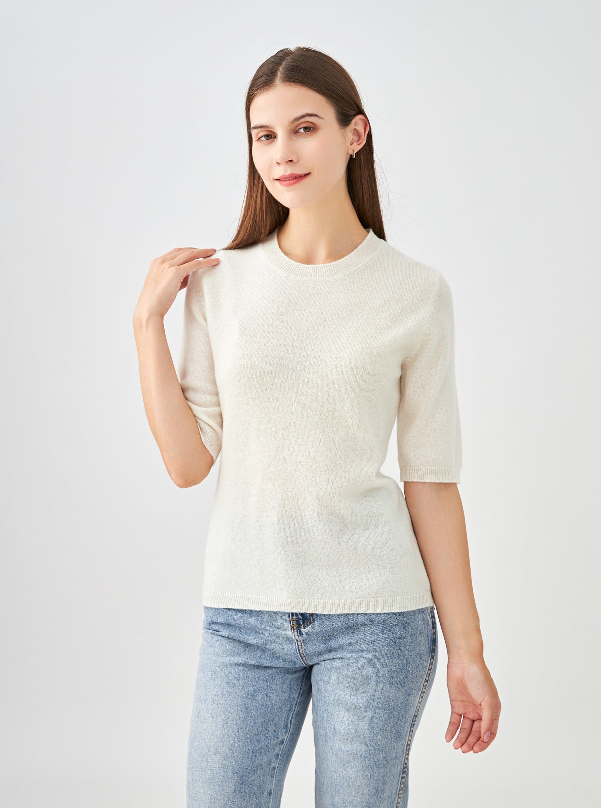 Pull col rond manches aux coudes en cachemire