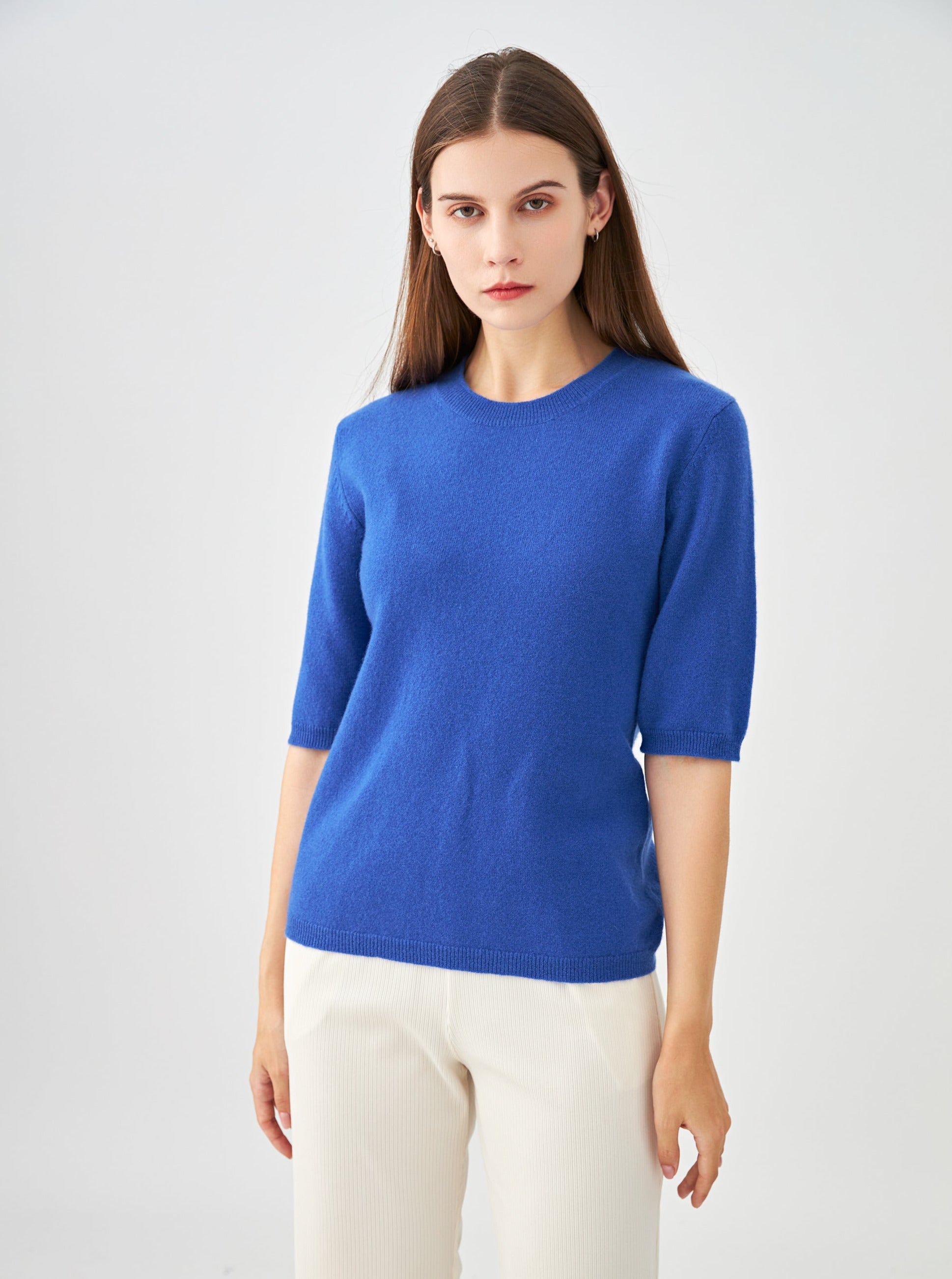 Pull col rond manches aux coudes en cachemire