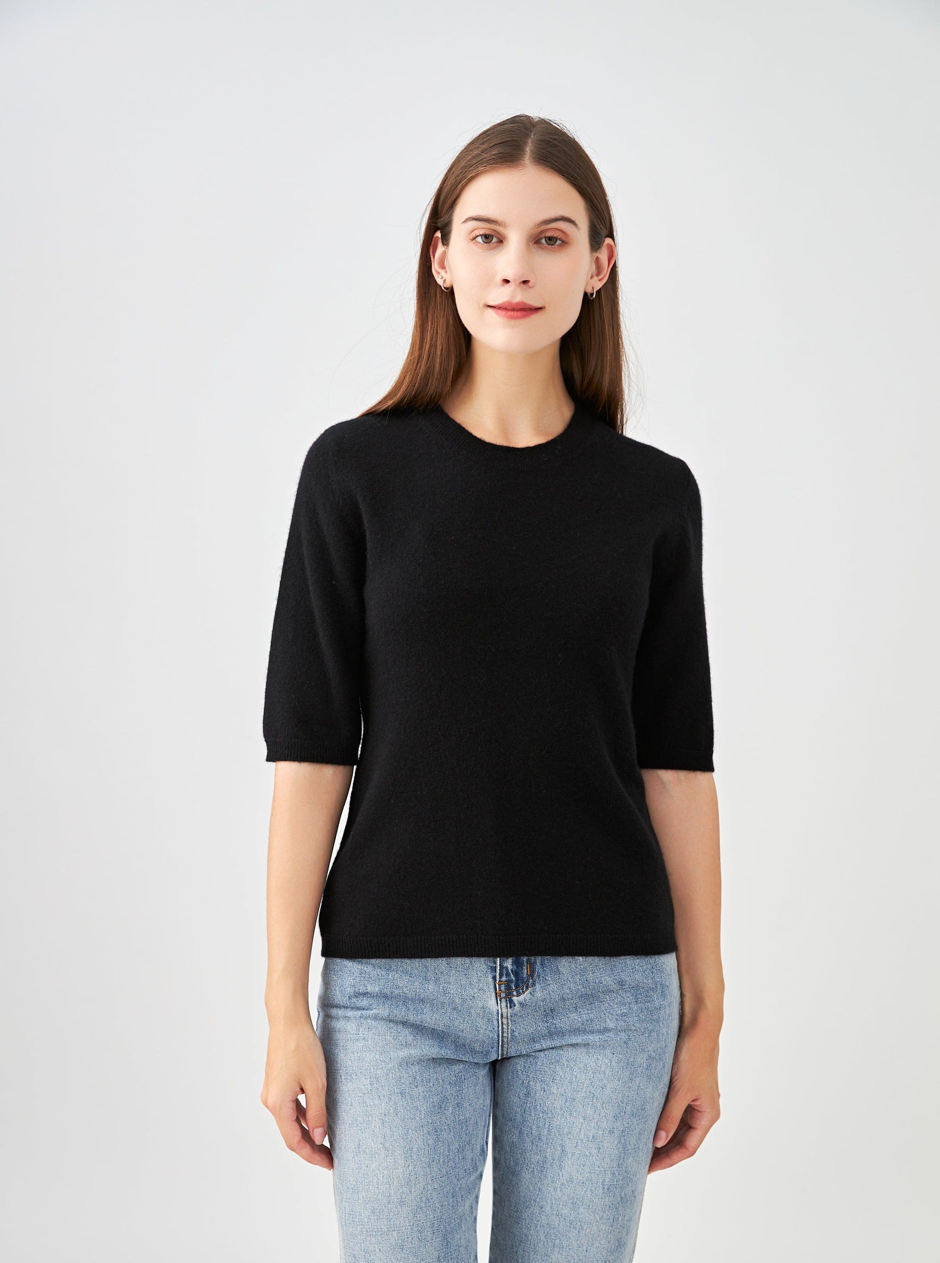 Pull col rond manches aux coudes en cachemire
