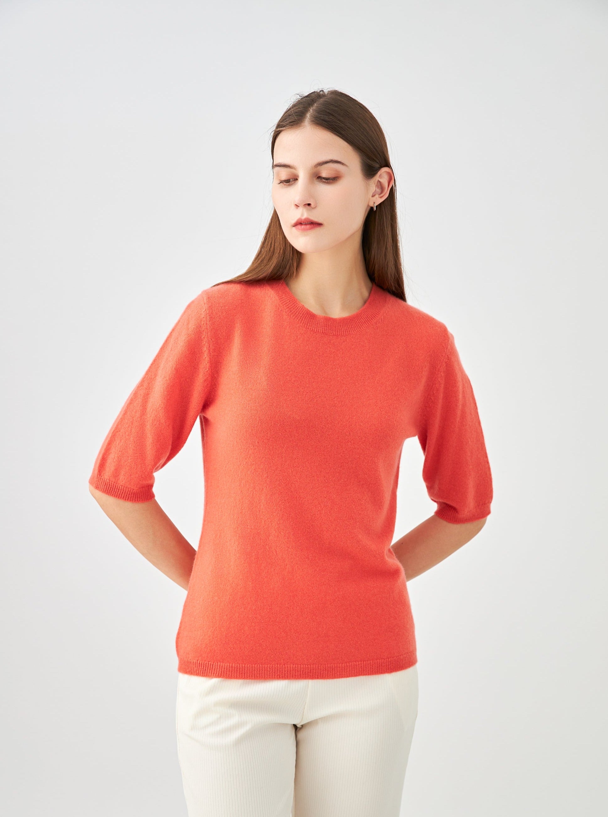 Pull col rond manches aux coudes en cachemire