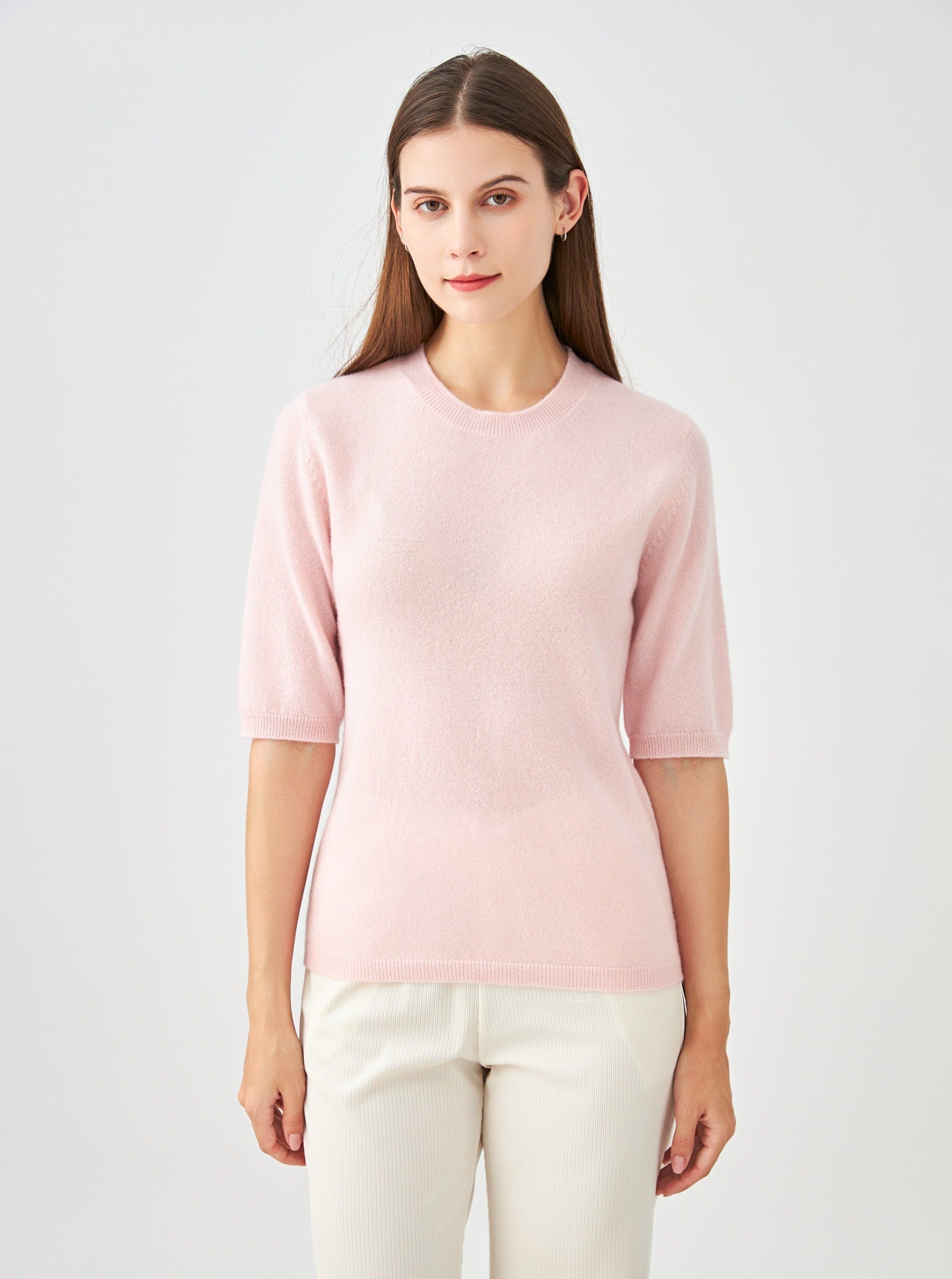 Pull col rond manches aux coudes en cachemire