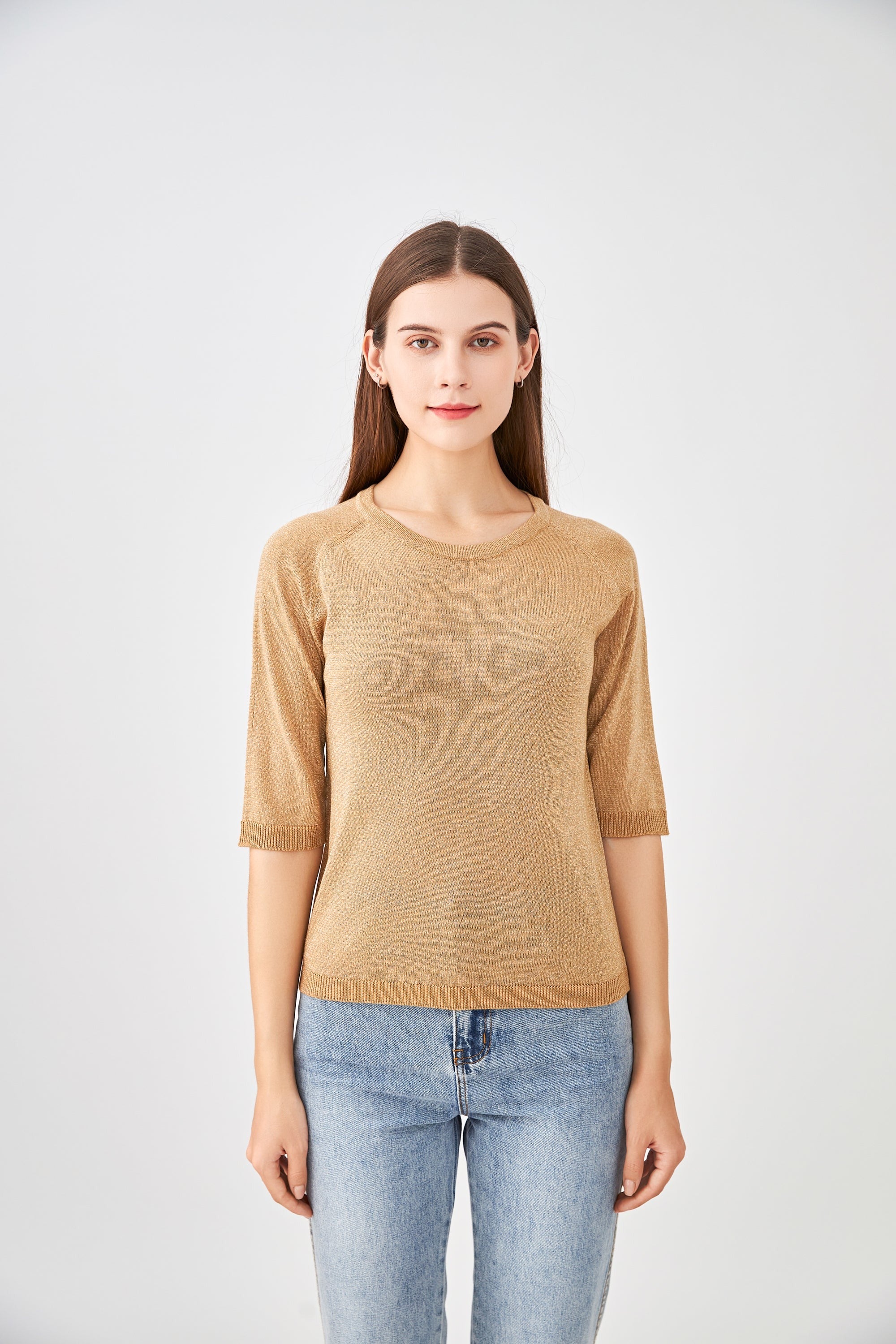 Pull col encolure ronde lurex, manches raglan aux coudes