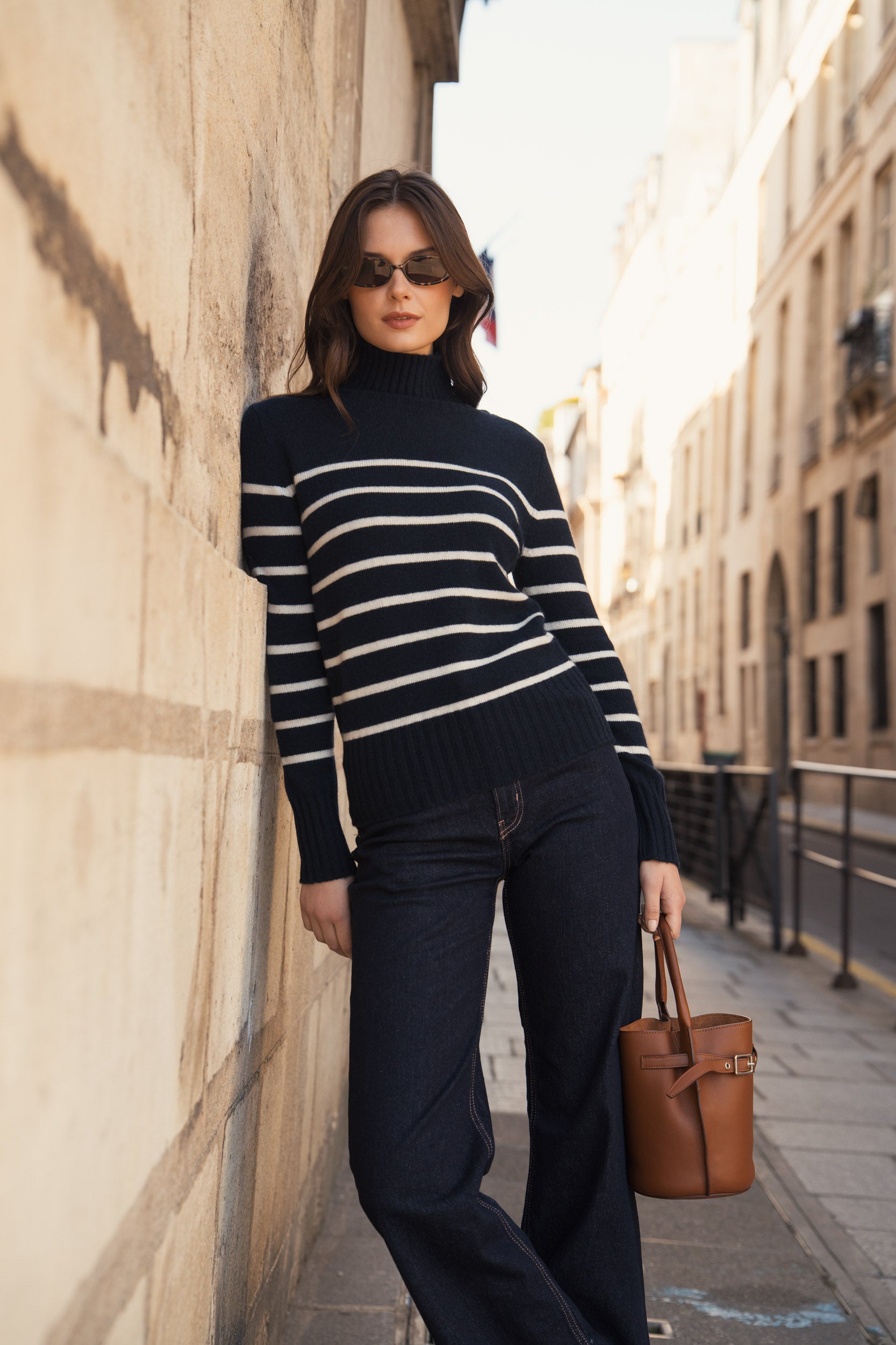 Pull 100% cachemire 4 fils marinière col montant