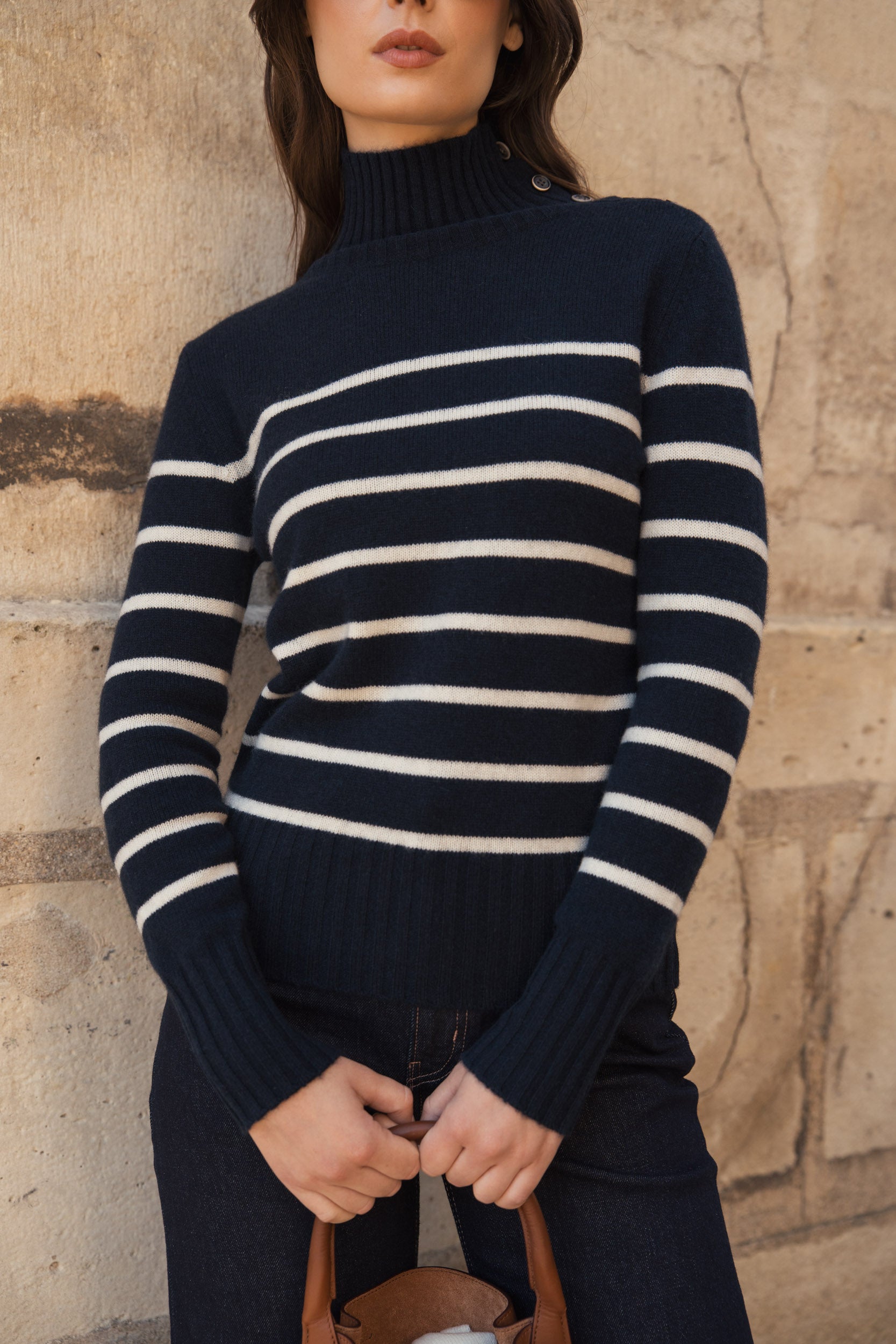 Pull 100% cachemire 4 fils marinière col montant