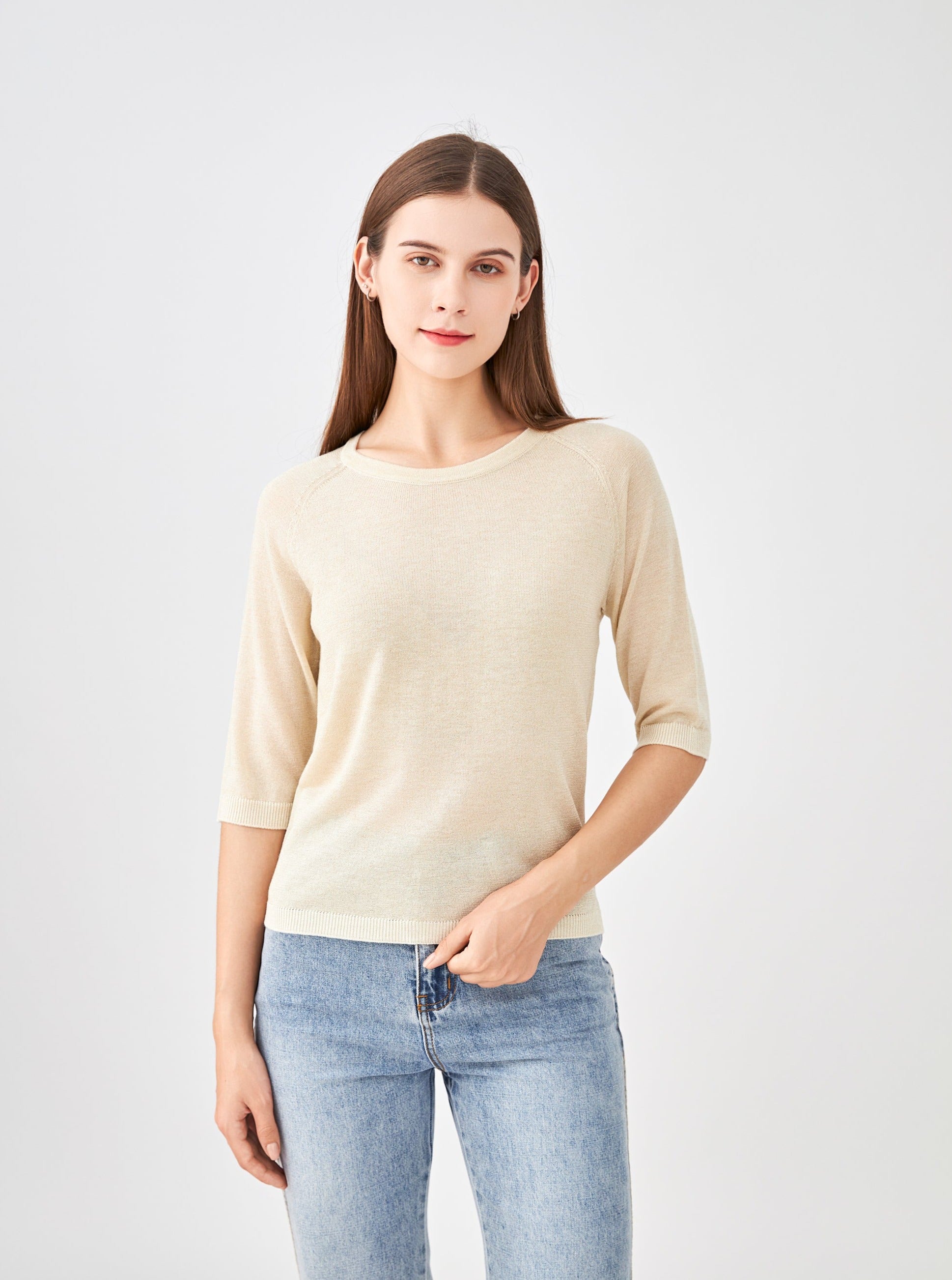 Pull col encolure ronde lurex, manches raglan aux coudes