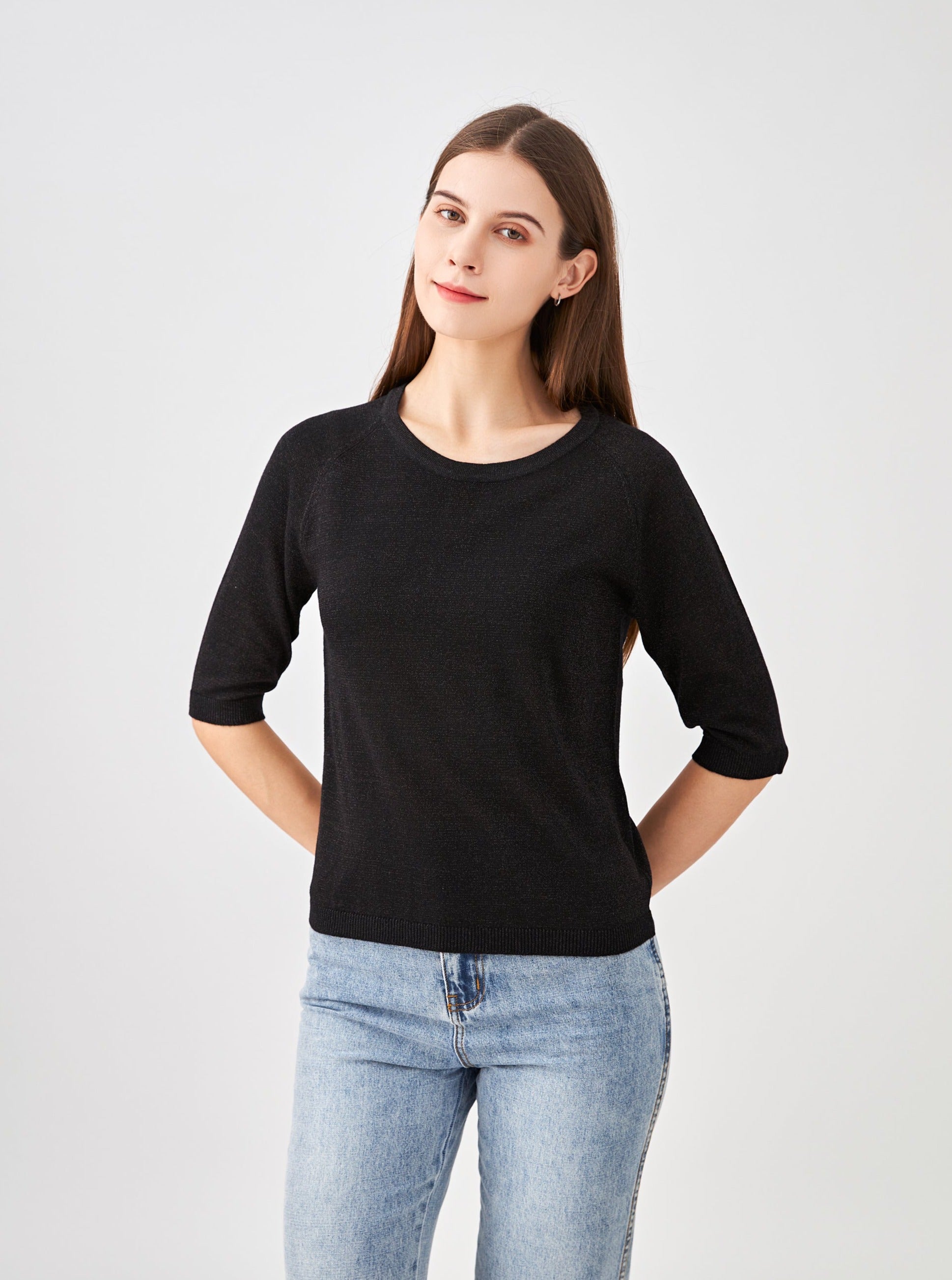 Pull col encolure ronde lurex, manches raglan aux coudes