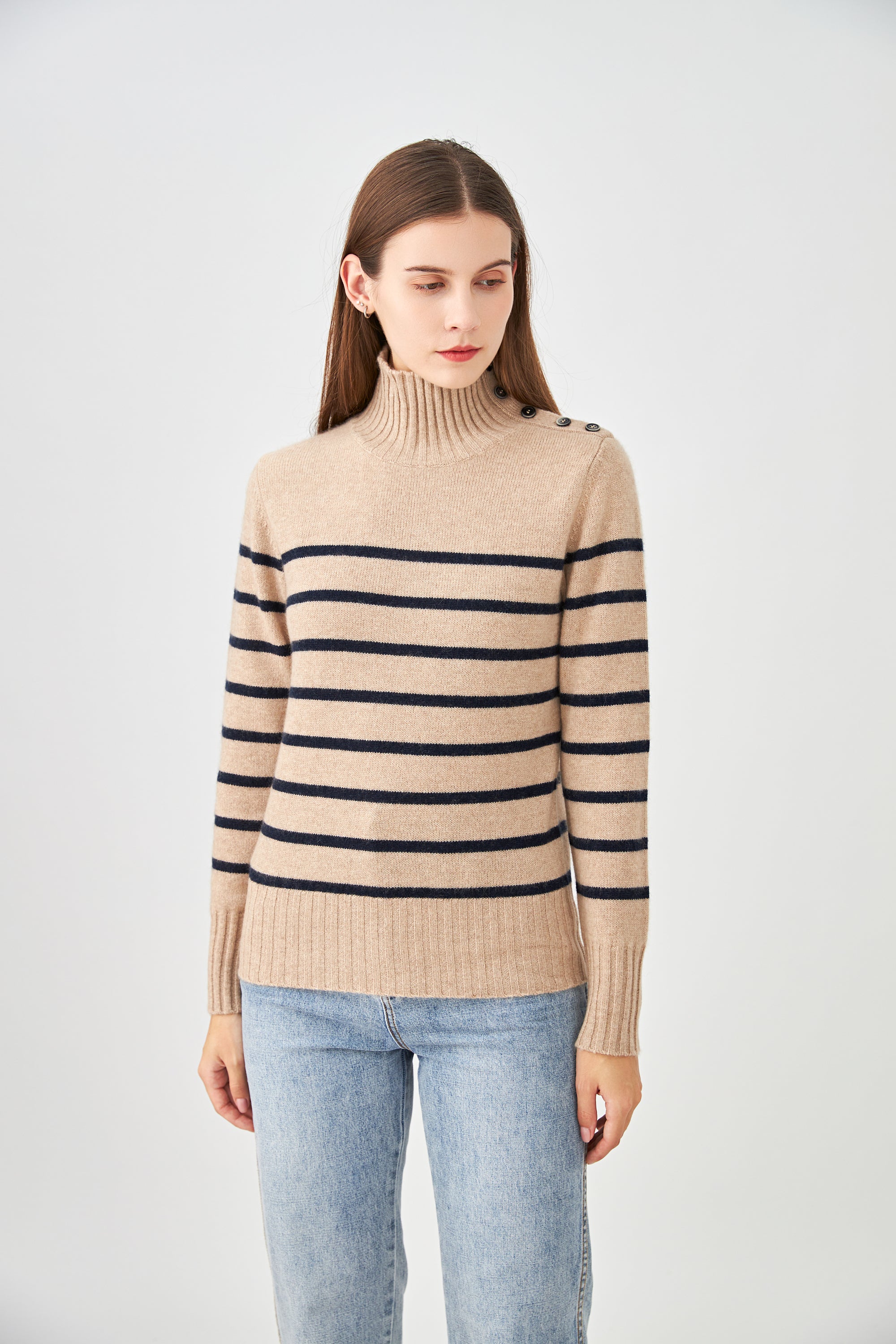 Pull 100% cachemire 4 fils marinière col montant