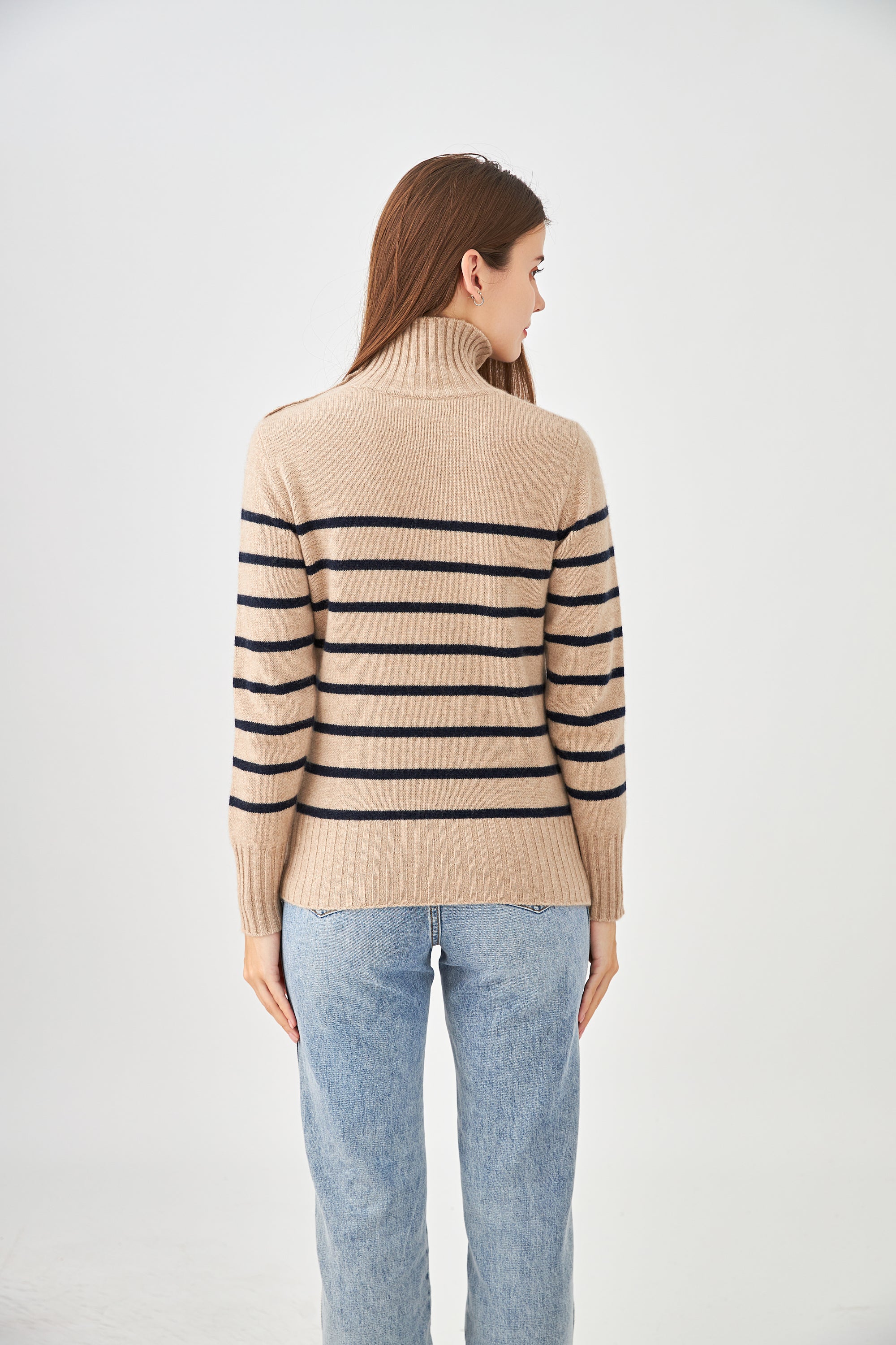 Pull 100% cachemire 4 fils marinière col montant