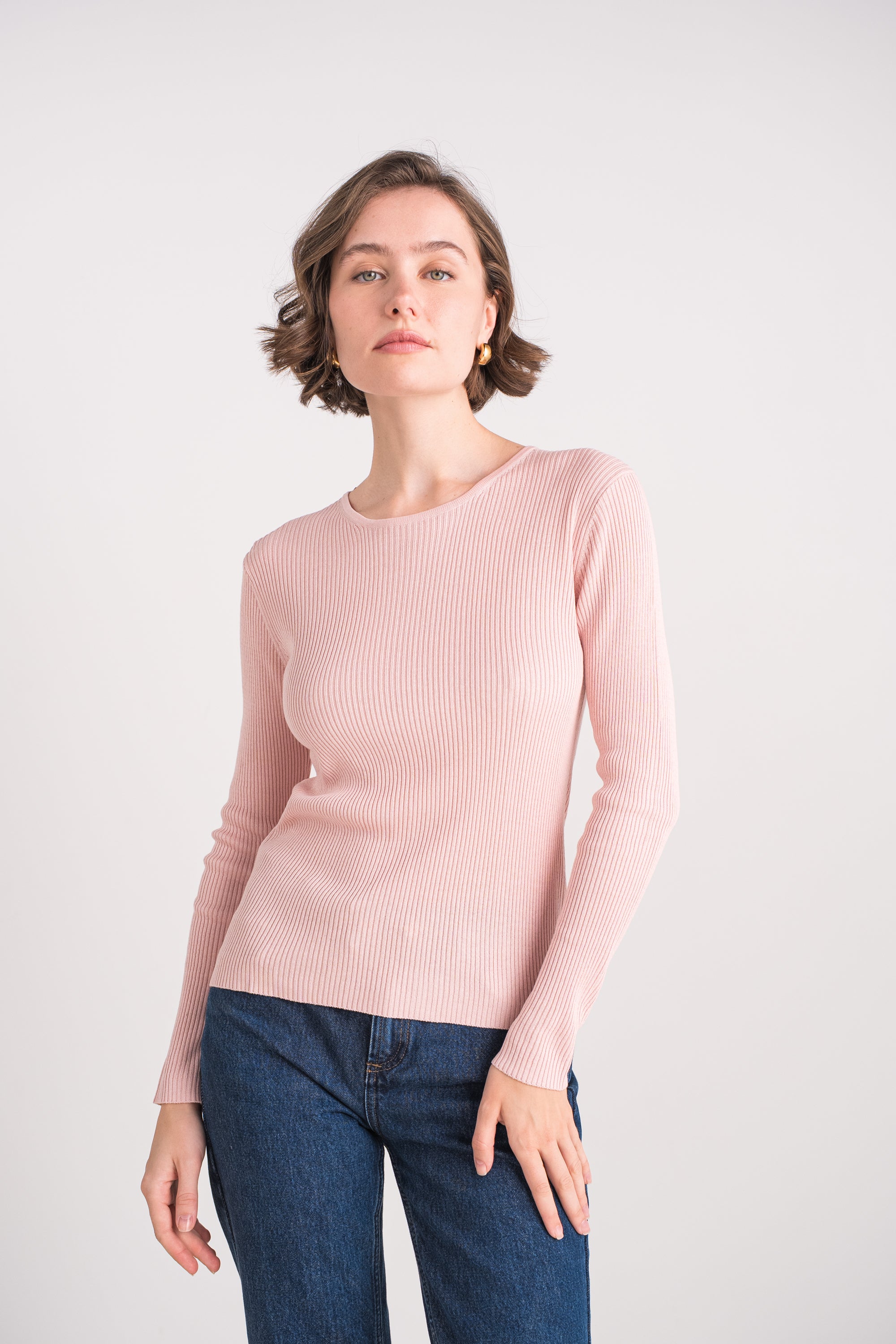 Pull col rond côtelé en soie
