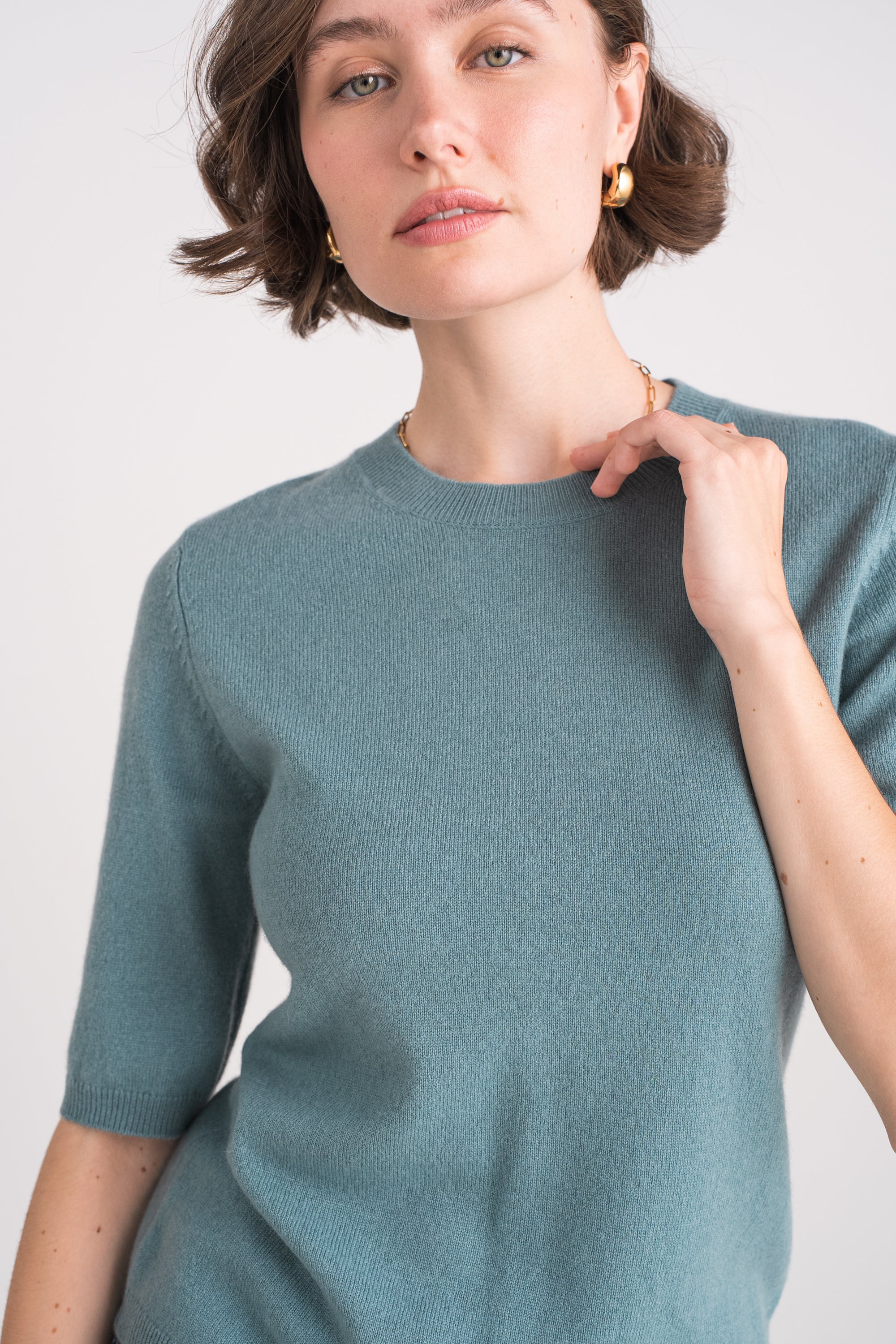 Pull col rond manches aux coudes en cachemire