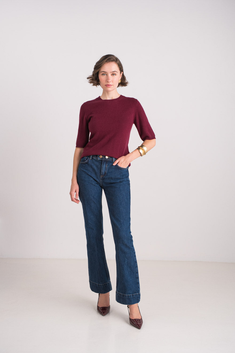 Pull 100% cachemire col rond manches aux coudes