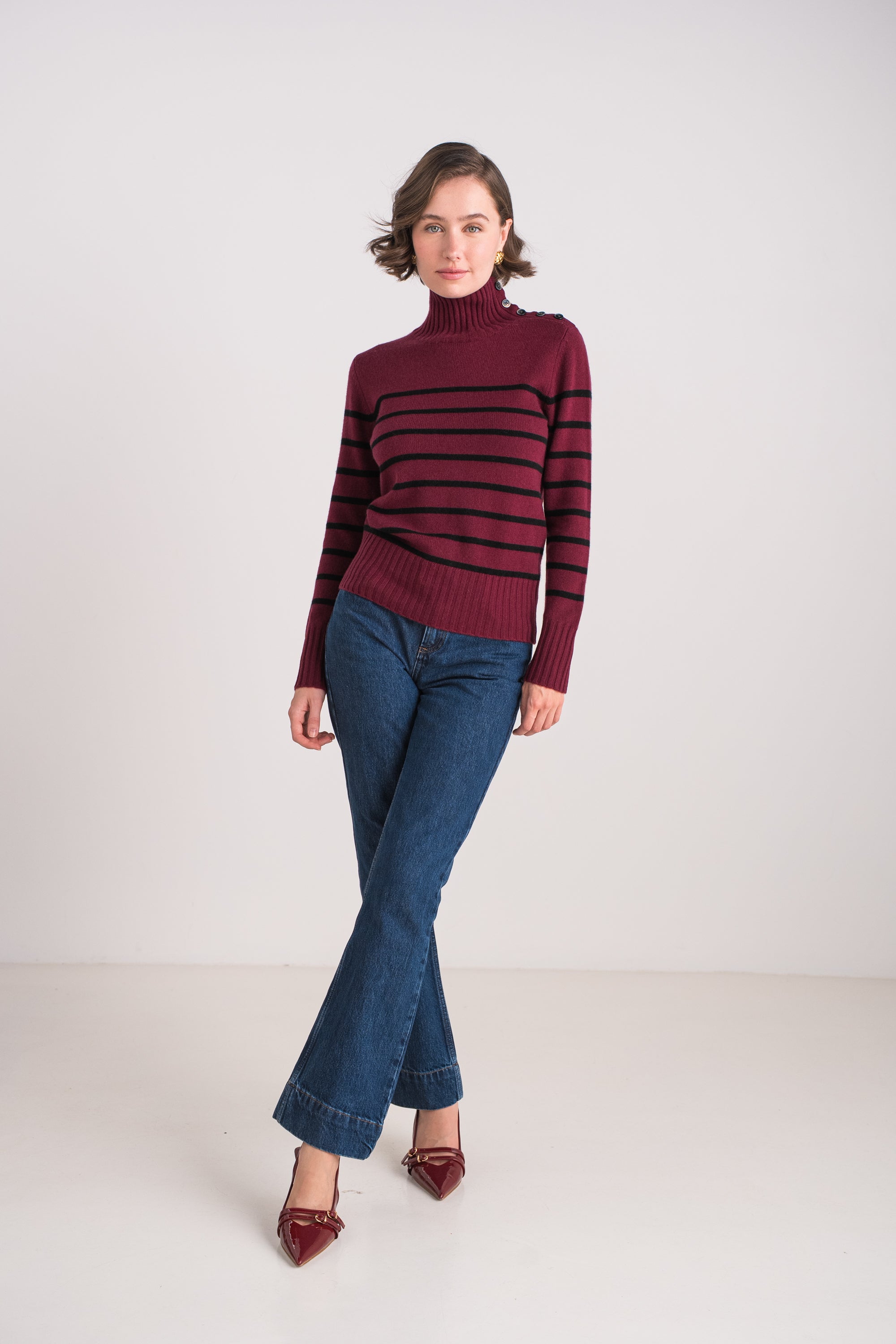 Pull 100% cachemire 4 fils marinière col montant