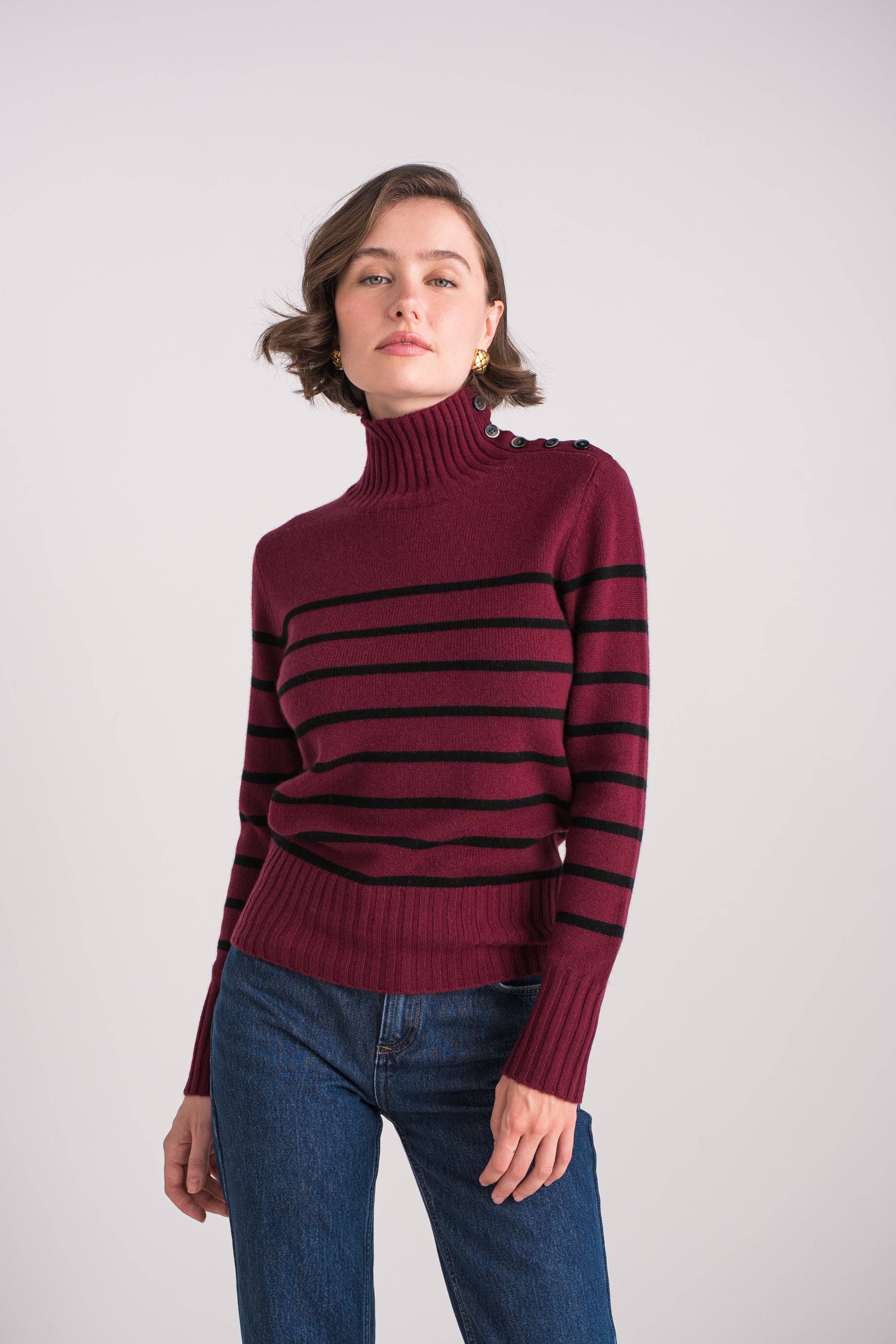 Pull 100% cachemire 4 fils marinière col montant