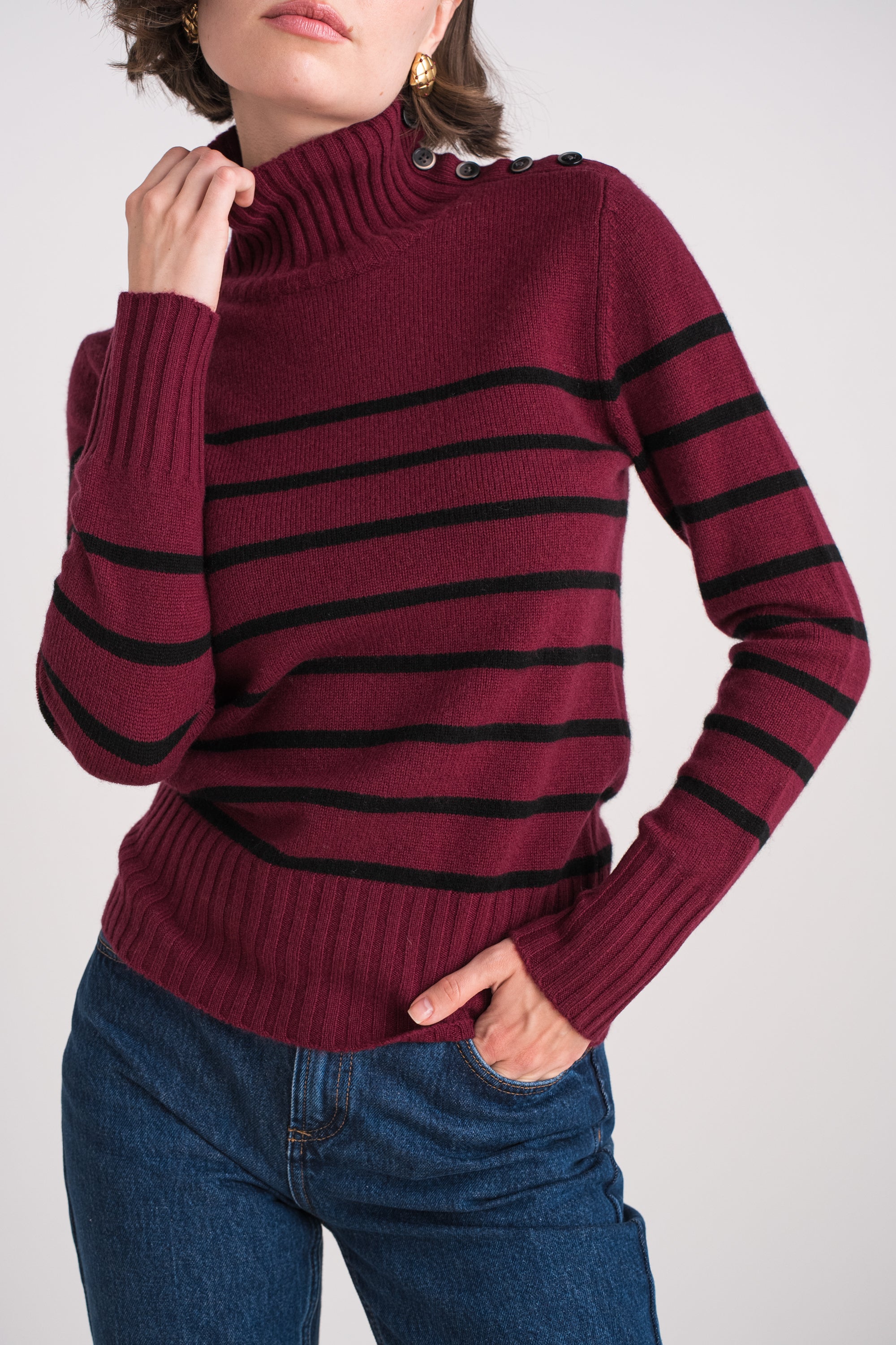 Pull 100% cachemire 4 fils marinière col montant