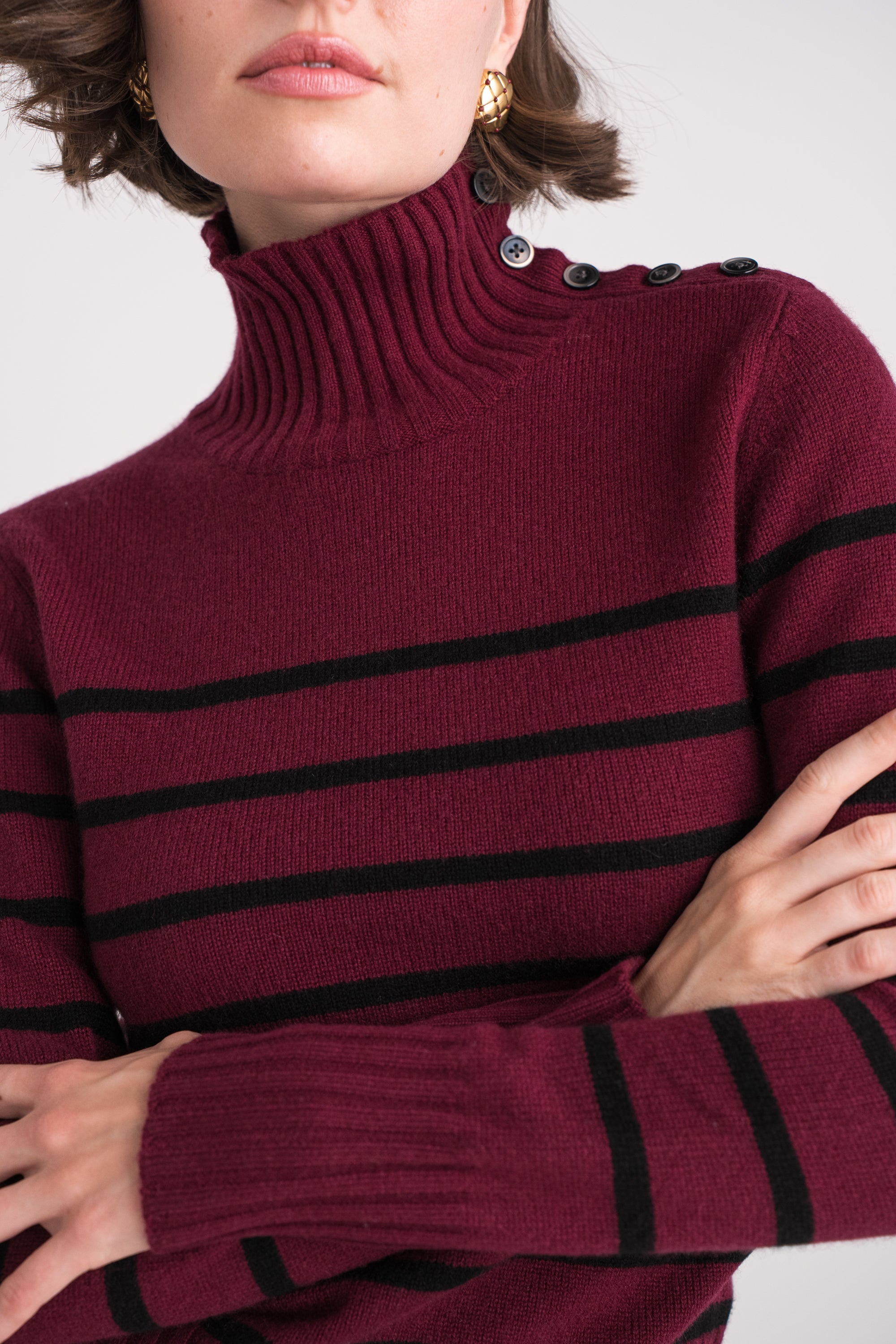 Pull 100% cachemire 4 fils marinière col montant