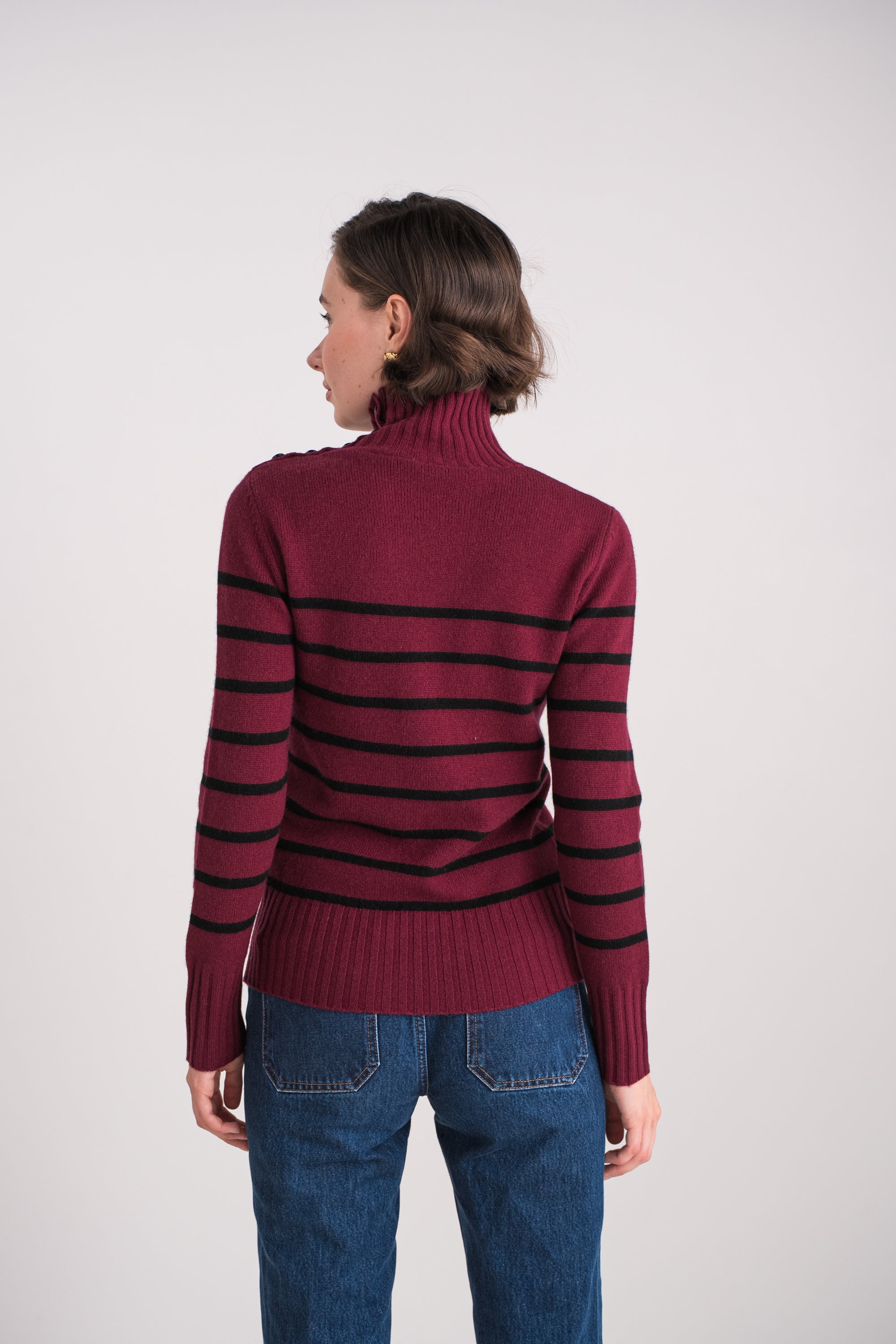 Pull 100% cachemire 4 fils marinière col montant